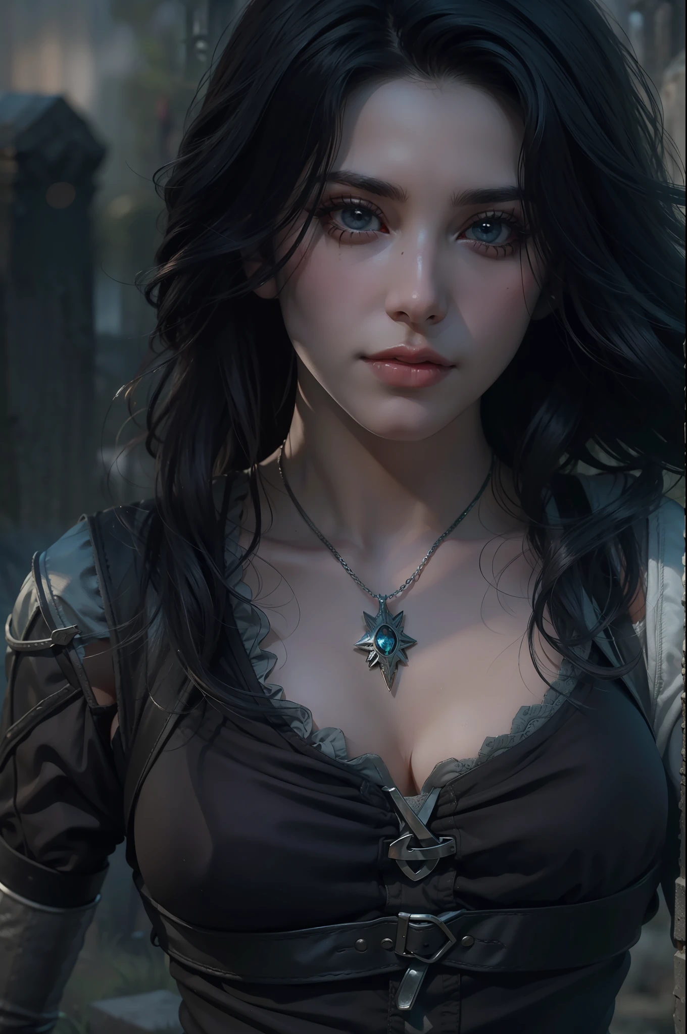 Mulher bonita que lembra Yennefer de The Witcher com longos cabelos pretos e olhos violetas brilhantes, obra prima, ultra qualidade, 8k, cabelos caindo sobre seus ombros, in the background a cemetery, She's wearing a tank top.