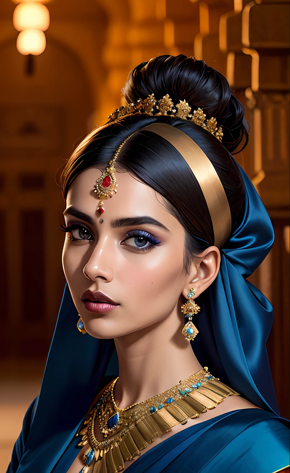 close-up RAW Portrait shot, photograph, androgynous human, oval jaw, delicate features, beautiful face, dark hair, (big bun:0.7), long bangs, hairband, long ponytail, bright blue-green eyes, (royal blue silk sari:1.4), 25yo stunning beautiful woman, (golden luxurious diadem with intricate details, gem:1.3), intricate details, skin texture, natural skin pores, dark dramatic studio lighting, cinematic shot,tan, dark olive skin, symetrical face, lascivious looking at viewer, parted lips, full lips, smokey eyes, bun pillow, elaborate hairstyle, dark lips, standing inside a hindu temple mith intricate ornament ina hardcore,sex,fuck