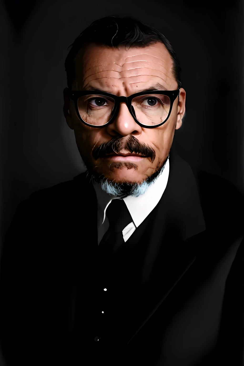 Homem com barba e bigode de terno, usando oculos, Retrato promocional, inspirado em Yousuf Karsh, Simon Pegg Retrato, Estilo Taras Shevchenko, epic and elegant portrait, inspirado em Wladyslaw Strzeminski, inspired by Paweł Kluza,