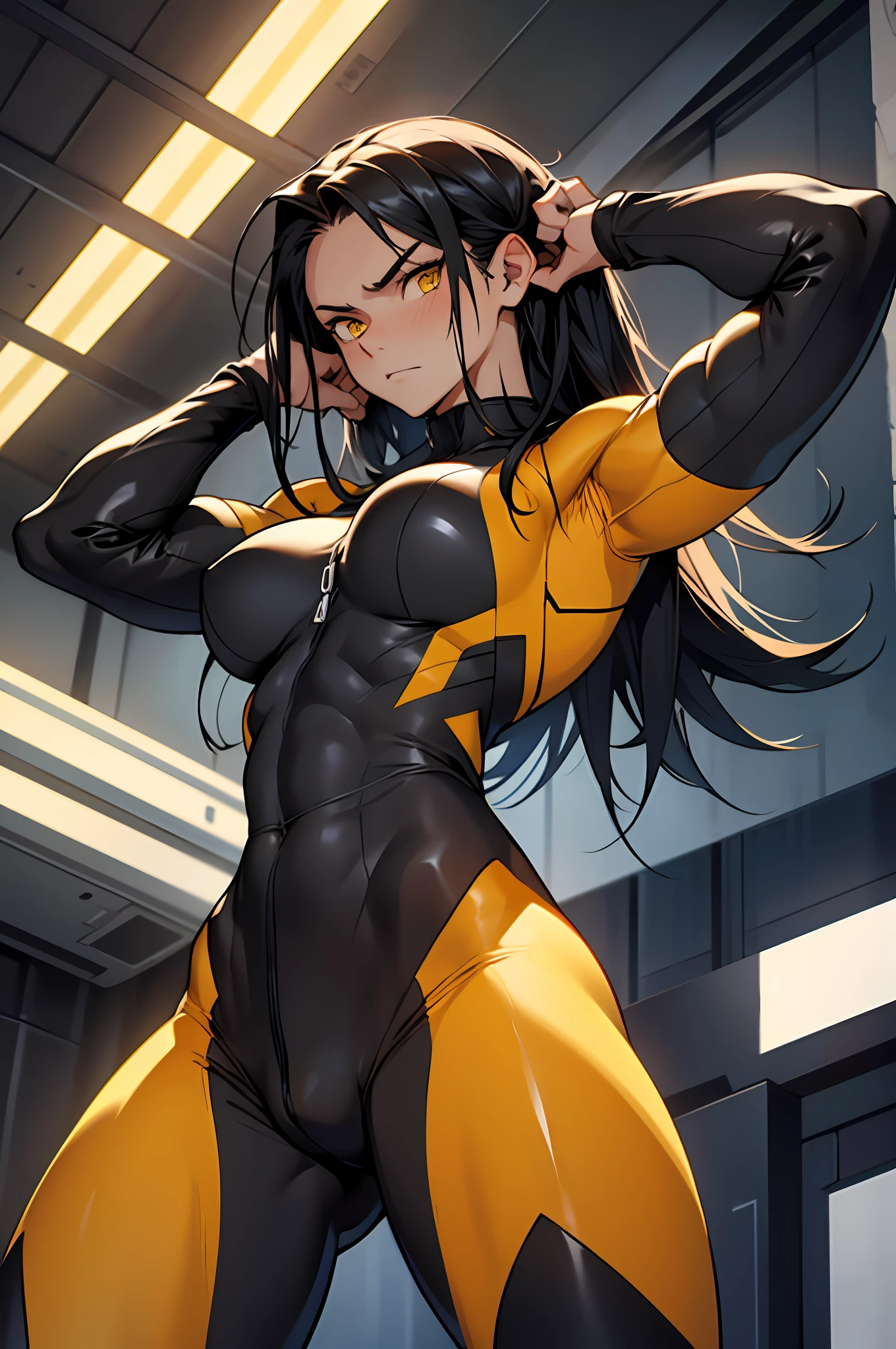 1girl, extremely long hair, solo, ((muscular)), veins, black hair, yellow eyes, blushing, thick thighs, pale skin, strong, veins, abs, big thighs, huge breasts, navel, standing, angry, bodysuit, skintight, pilot suit, raised arms, looking at viewer, from below, arms over head