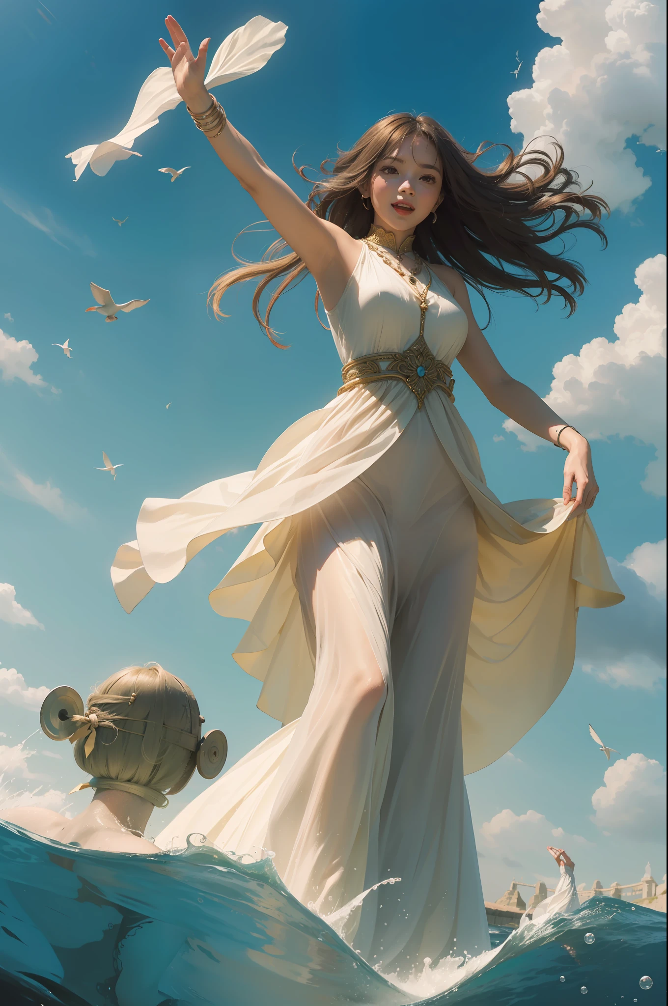 A very beautiful young woman stands in the water of a river and shouts with joy with her hands raised........ (Good Composition) (obra de arte) (Arte expresivo). (((Pechos masivos gigantes)))