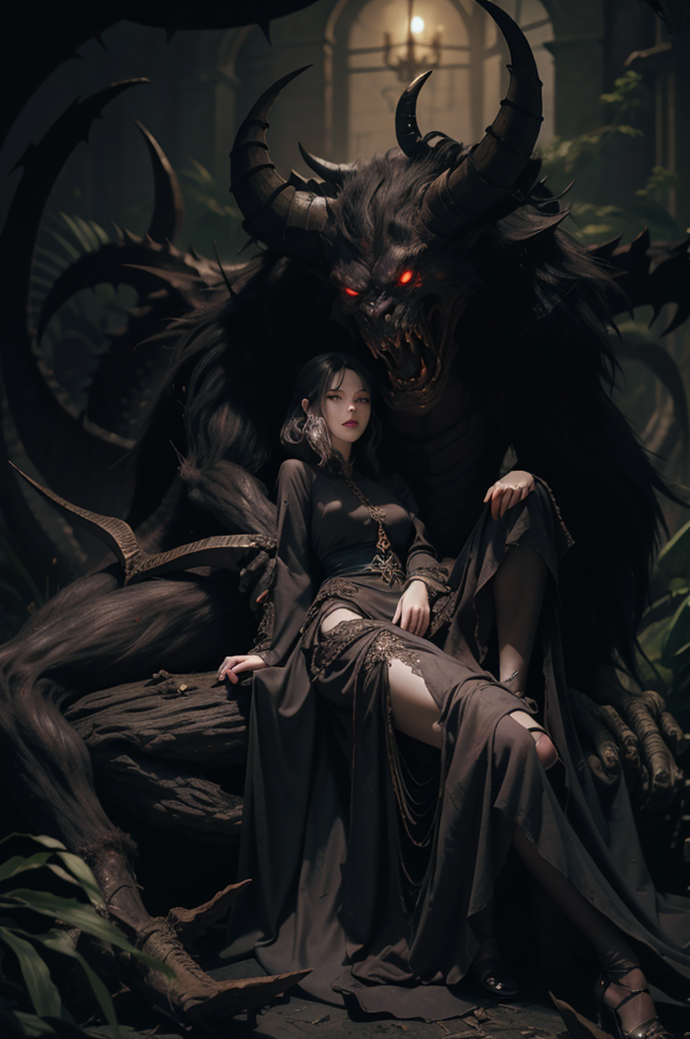 original art,(old painting style),master painting,((demon queen sat on the lap of a monster that was sitting cross-legged)),pretty face,wearing a black dress that is luxurious and sexy,pale skin((seducting pose)),high detail face, masterpiece,medieval,((darkness environment)),dark,dynamic pose,dynamic perspective, perfect anatomy,perfect face,cinematic,darkness environment,evil atmostphereic,dark environment,dark atmosphere.