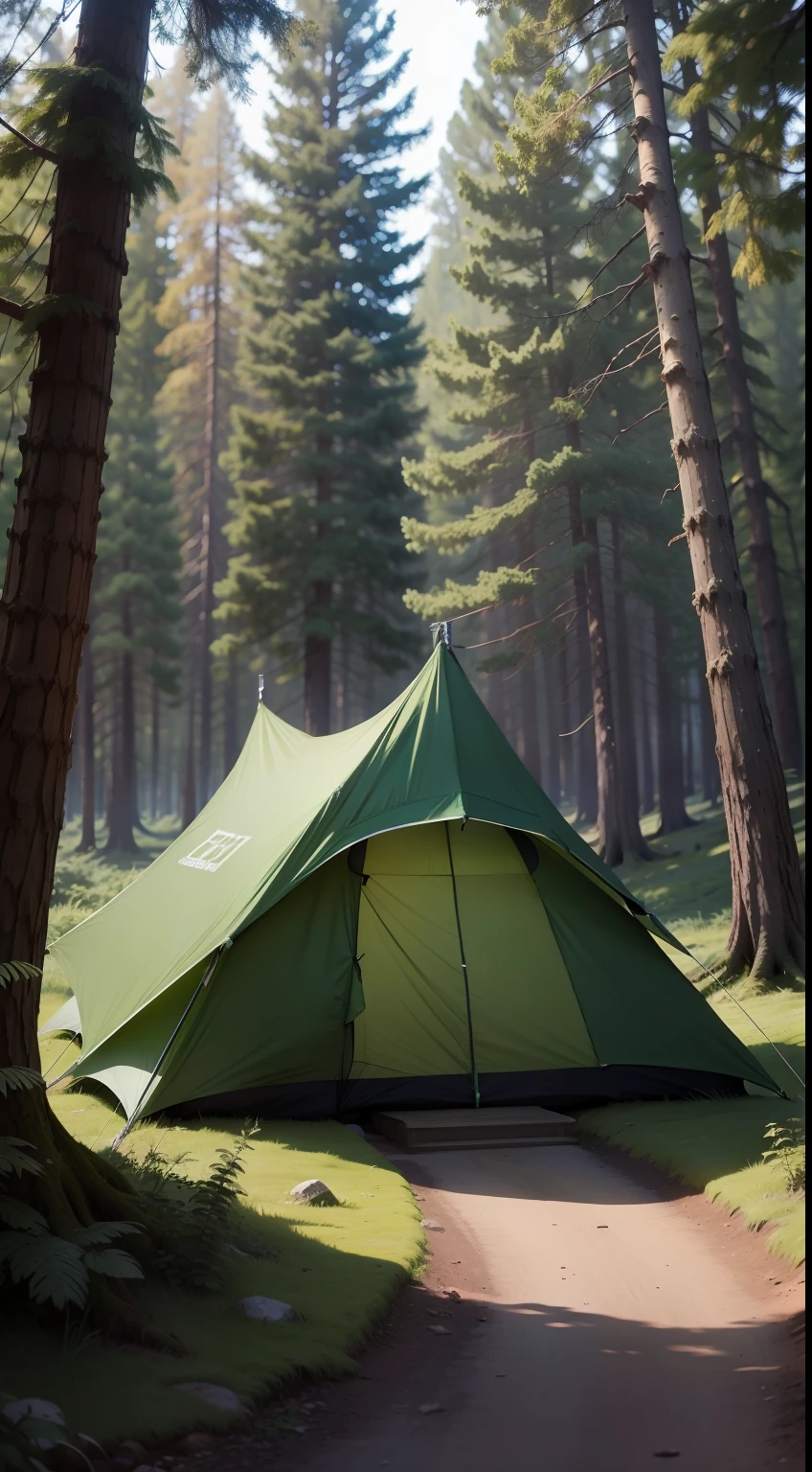 A tent, in a forest.