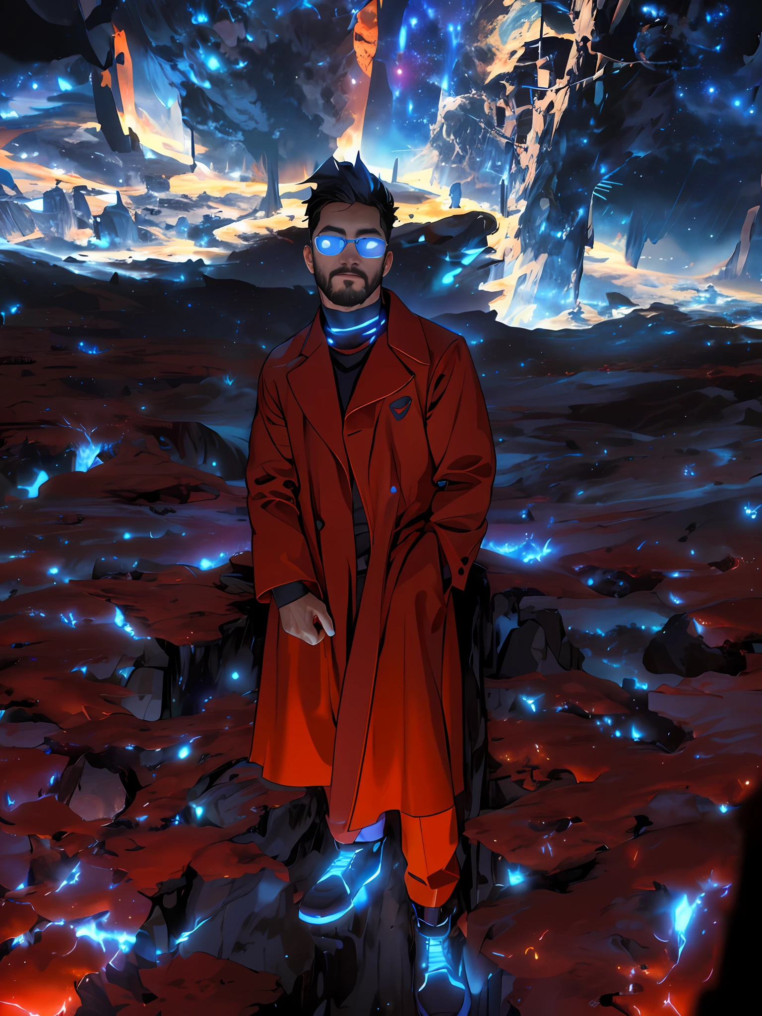 Draw a young programmer, sitting on a research platform floating in the middle of an asteroid belt. He is studying with a notebook, surrounded by several asteroids glowing with fiery auras. Dramatic lighting from distant stars and planets illuminates the scene, casting deep shadows on the suit. The young man looks confident and determined, looking at the vast and mysterious universe with wonder and respect,facial hair, cowboy shot,