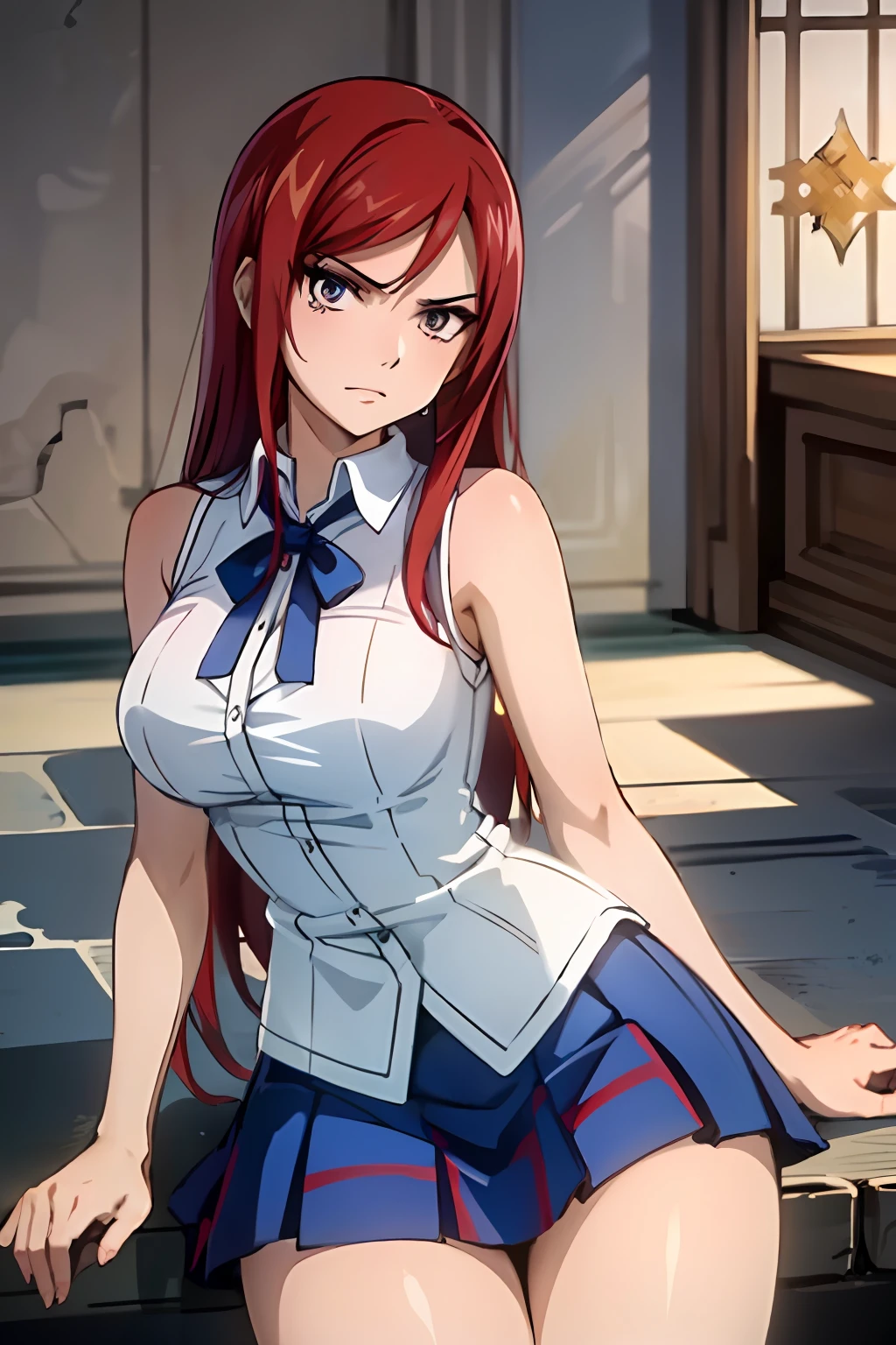 (masterpiece, top quality, best quality), 4k, perfect-lighting, symmetrical face, solo, Erza Scarlet, devastating look, red hair, breasts, blue skirt,white sleeveless shirt, cowboy shot