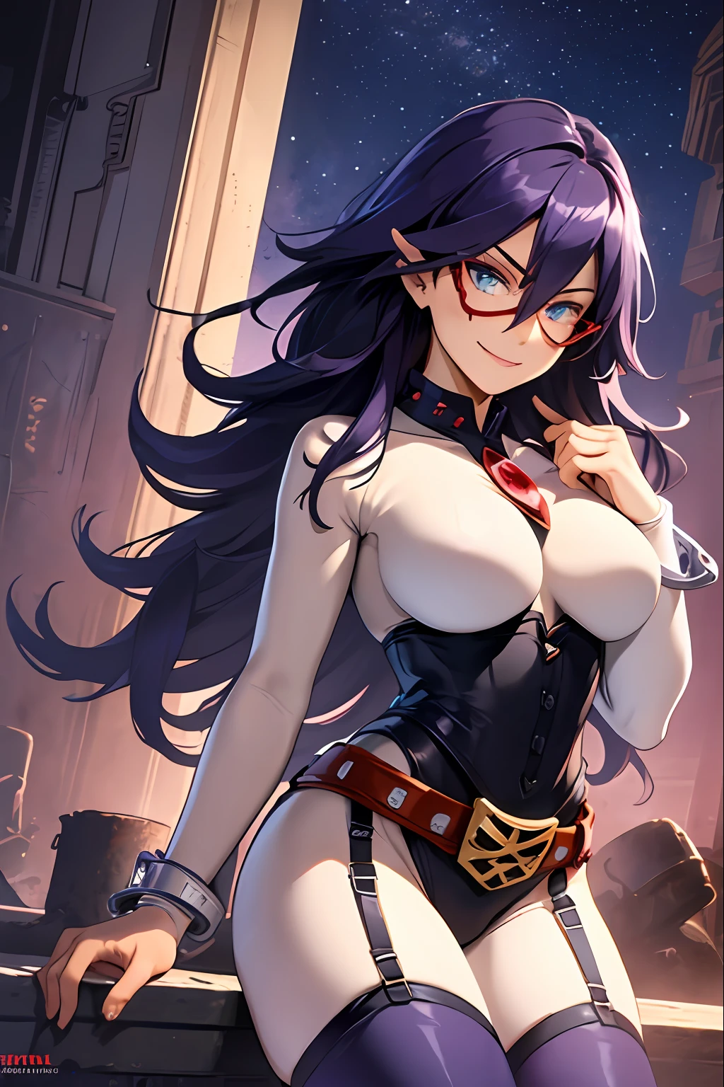 (extremely detailed CG unity 8k wallpaper), masterpiece, (best quality), (ultra-detailed), (best illustration), (best shadow), stadium, night, moonlight. 1girl, midnightmha, boku no hero academiam, purple hair, very long hair, blue eyes, large breasts, collar, white bodysuit, domino mask, thighhighs, black thigh boots, handcuffs, belt, garter straps, red gems, smirk