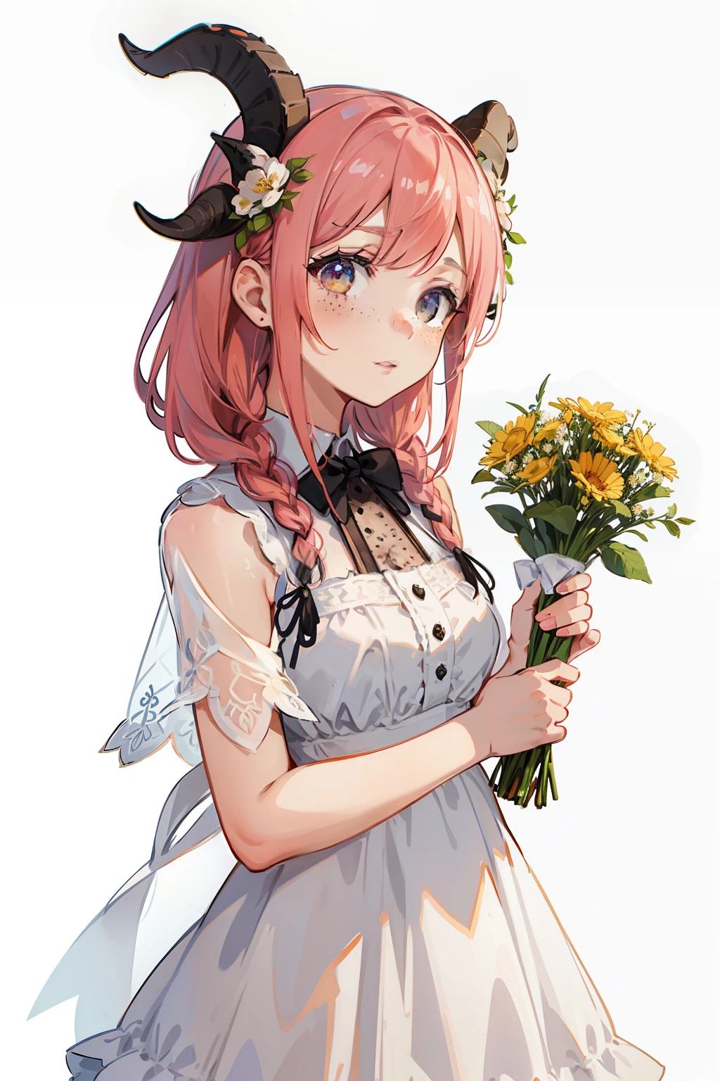 A woman with freckles and flowers on her hair, and goat horns. Wearing a frilly lace dress