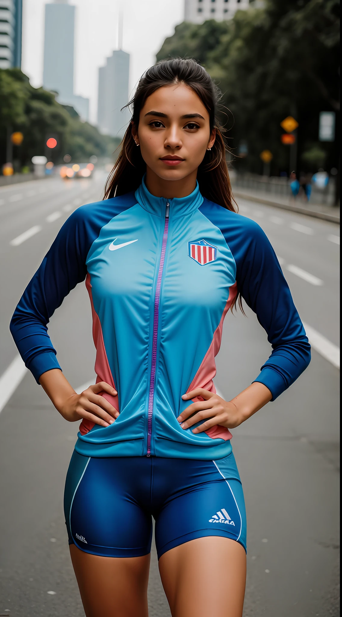 ((1 mulher, uma mulher, atleta de 18 anos)), ((com roupas de ciclismo feminino azul e rosa)), (Traje de ciclista completo strava), em um ambiente de central de uma cidade, foto de corpo inteiro, soft-lighting, obra-prima, melhor qualidade, 8k UHD, DSLR, grain of film, fotorrealista, arte midjourney, posing for camera.