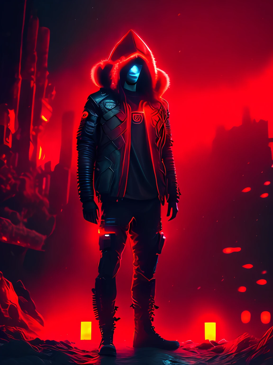 Retrato sombrio de um lobo com roupa escura de capuz, interior da roupa escura estilo hacker, olhos vermelhos iguais um tochas pegando fogo, fundo escuro, Cyberpunk, Foto premiada, Bokeh, neon lights,