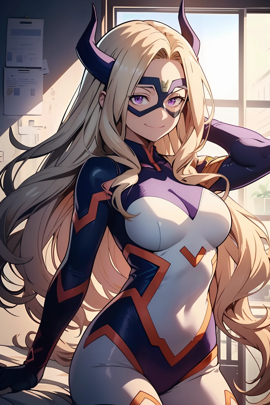 scan, (extremely detailed CG unity 8k wallpaper:1.1), (traditional media:0.9), (sketch:0.9), tracing, ultra-detailed, soft lighting, anime, (1girl), mtladymha, boku no hero academia, long hair, blonde hair, horns, domino mask, bodysuit, large breasts, purple eyes, smile