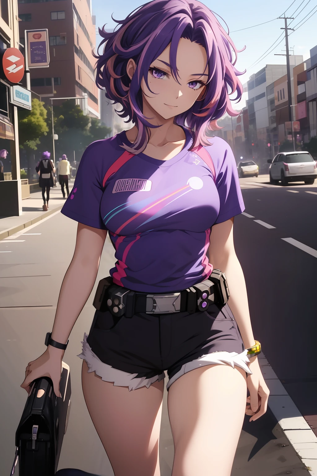 scan, (extremely detailed CG unity 8k wallpaper:1.1), highres, (1girl), lady nagant, boku no hero academia, (purple hair), (multicolored hair), (purple eyes), breasts, tshirt, shorts, city park