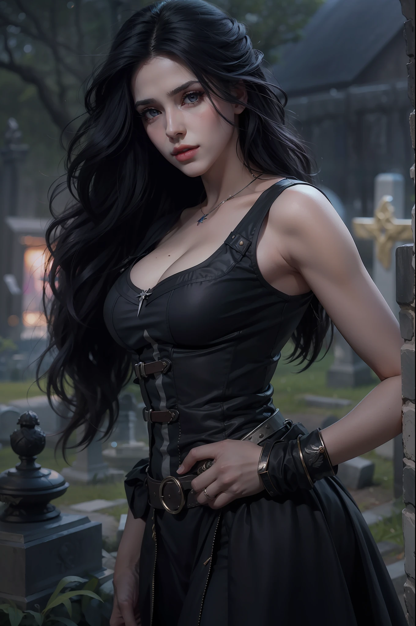 Mulher bonita que lembra Yennefer de The Witcher com longos cabelos pretos e olhos violetas brilhantes, obra prima, ultra qualidade, 8k, cabelos caindo sobre seus ombros, in the background a cemetery, She's wearing a tank top.