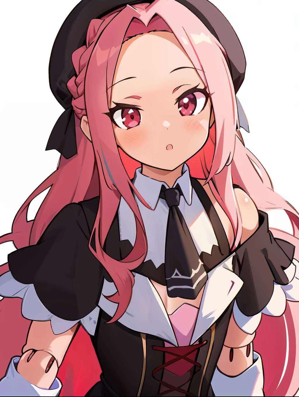 masterpiece, (best quality:1.3), sharp focus, absurdres, ++, 1girl, solo, fantasy, light purple hair, very long hair, curly hair, french braid, single sidelock, forehead, red eyes, pink eyes, multicolored eyes, small chest, flat chest, loli, victorian dress, black dress, black corset, neckwear, off-shoulder dress, frills, dollgirl, doll joints, ++, standing, tsundere, walking, looking at viewer, dungeon background, cold, neutral