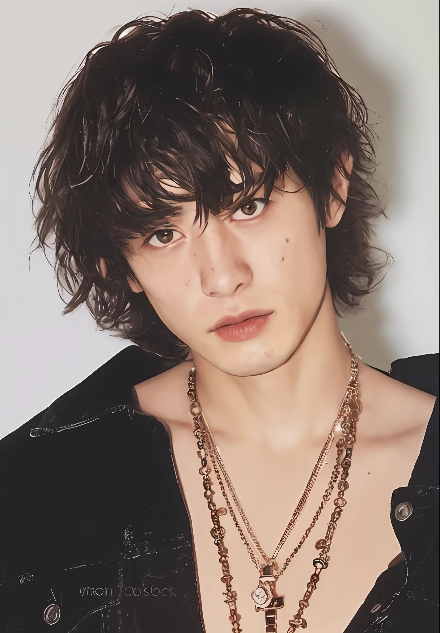 um close up de uma pessoa usando um colar e uma jaqueta, Finn Wolfhard, Yuya Nagai, handsome japanese demon boy, kousuke oono | |, Estilo de Masami Kurumada, Aramaki Shinji, Yoh Yoshinori, Yosuke Ueno, Kinu Nishimura, Cai Xukun, Estilo de Kentaro Miura!!!! Cabelo rosa, cabelo rosa