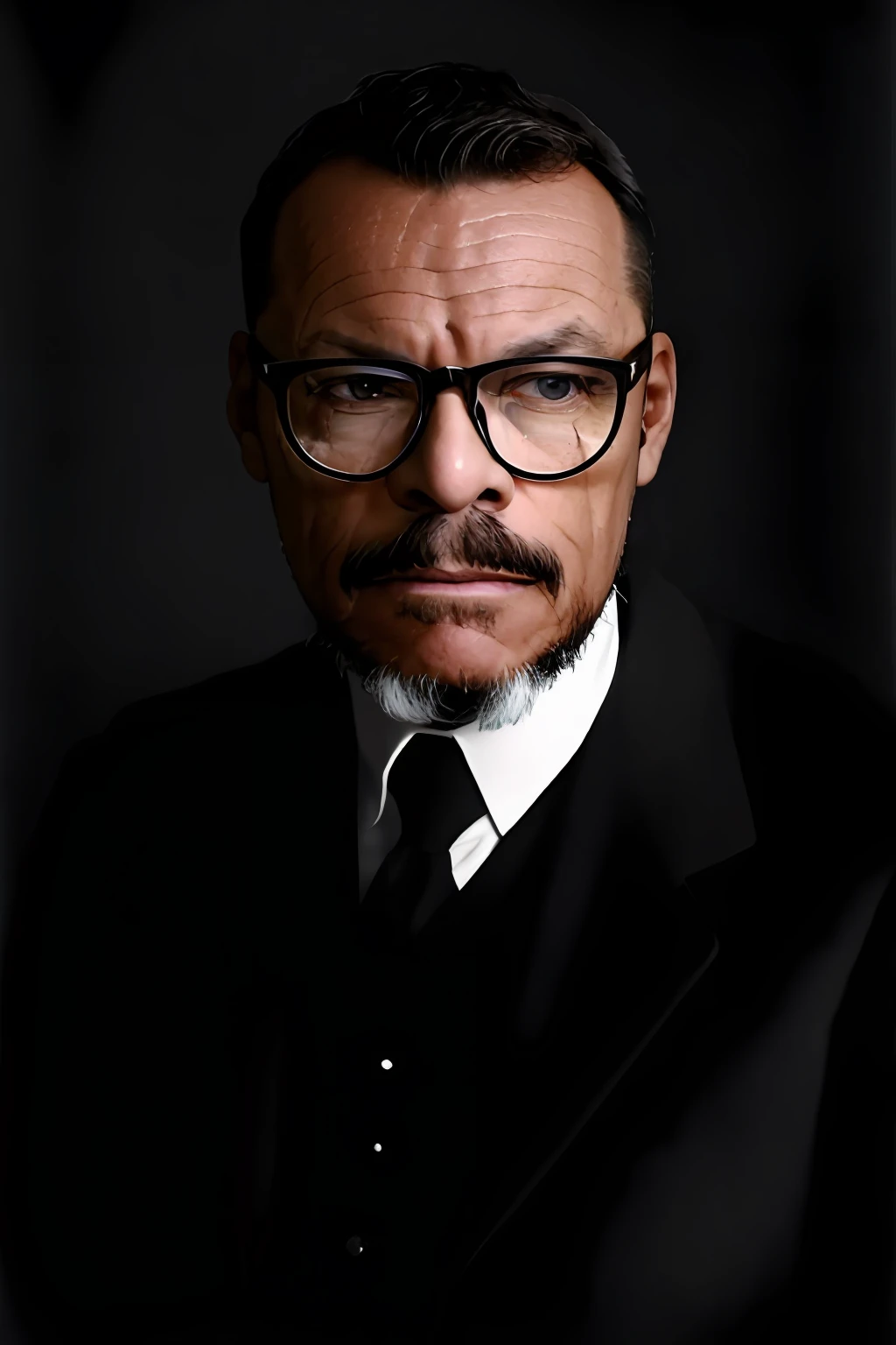 p&b, Homem com barba e bigode de terno, usando oculos, Retrato promocional, inspirado em Yousuf Karsh, Simon Pegg Retrato, Estilo Taras Shevchenko, epic and elegant portrait, inspirado em Wladyslaw Strzeminski, inspired by Paweł Kluza,