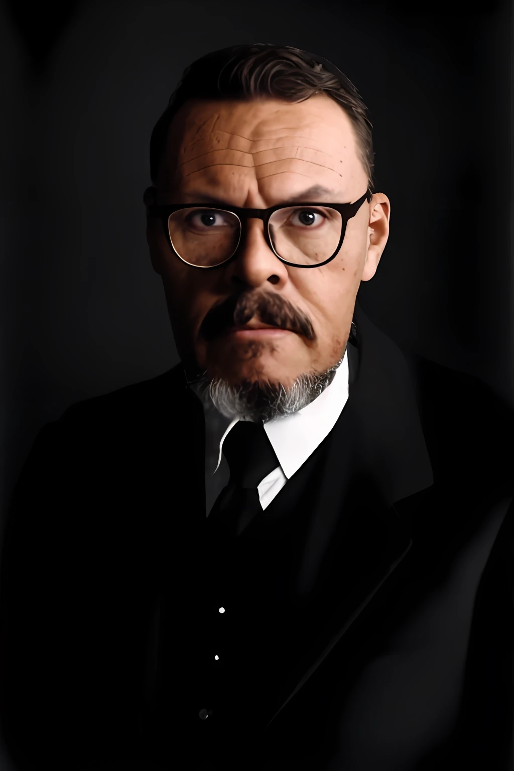 Homem com barba e bigode de terno, usando oculos, Retrato promocional, inspirado em Yousuf Karsh, Estilo Taras Shevchenko, epic and elegant portrait, inspirado em Wladyslaw Strzeminski, inspired by Paweł Kluza,