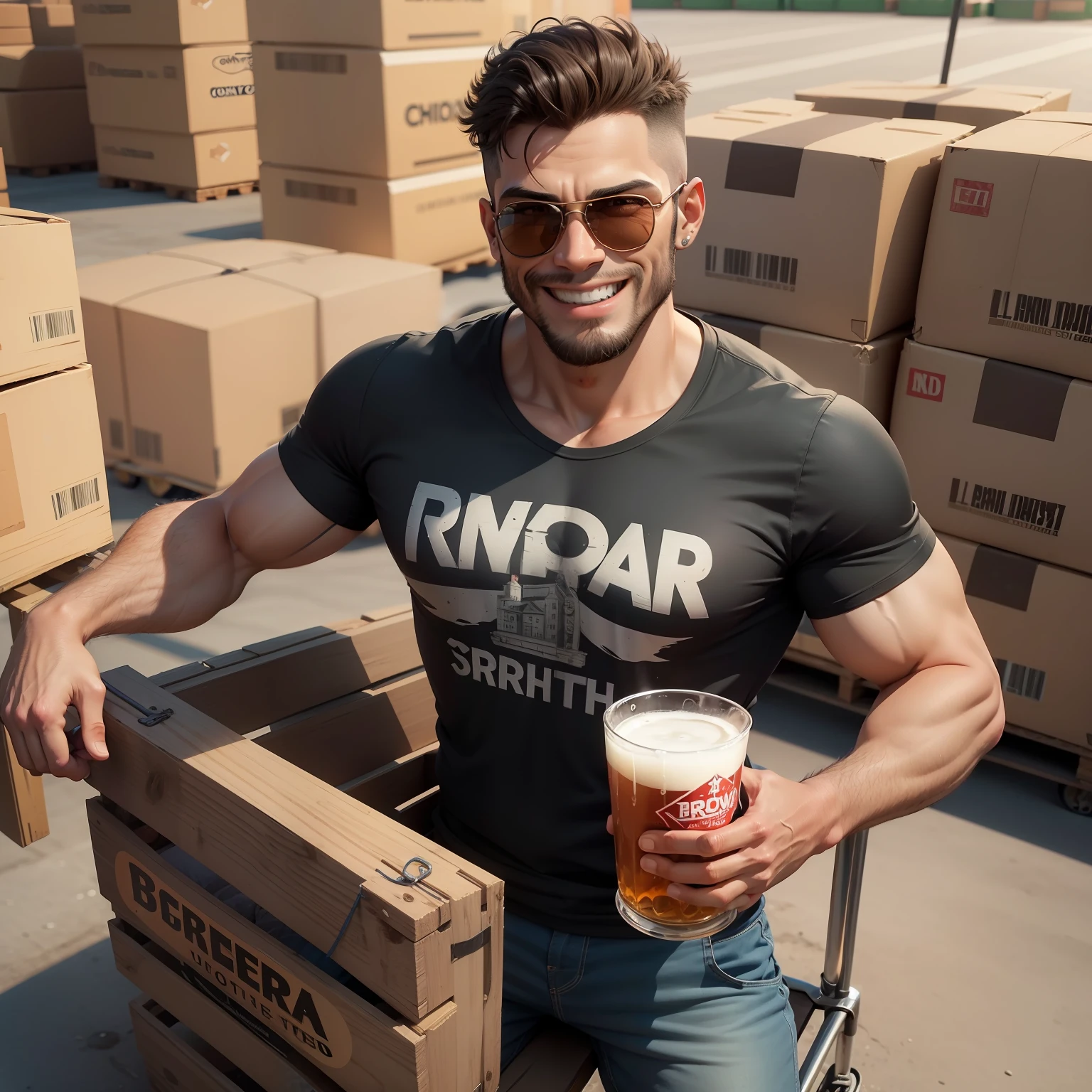 Crie a imagem vetor de um Homem jovem bebendo cerveja na caneca, careca, musculoso ,of sunglasses, de camiseta preta, Smiling realistic in 3d cartoon drinking beer pushing a cart warehouse shipping logistics