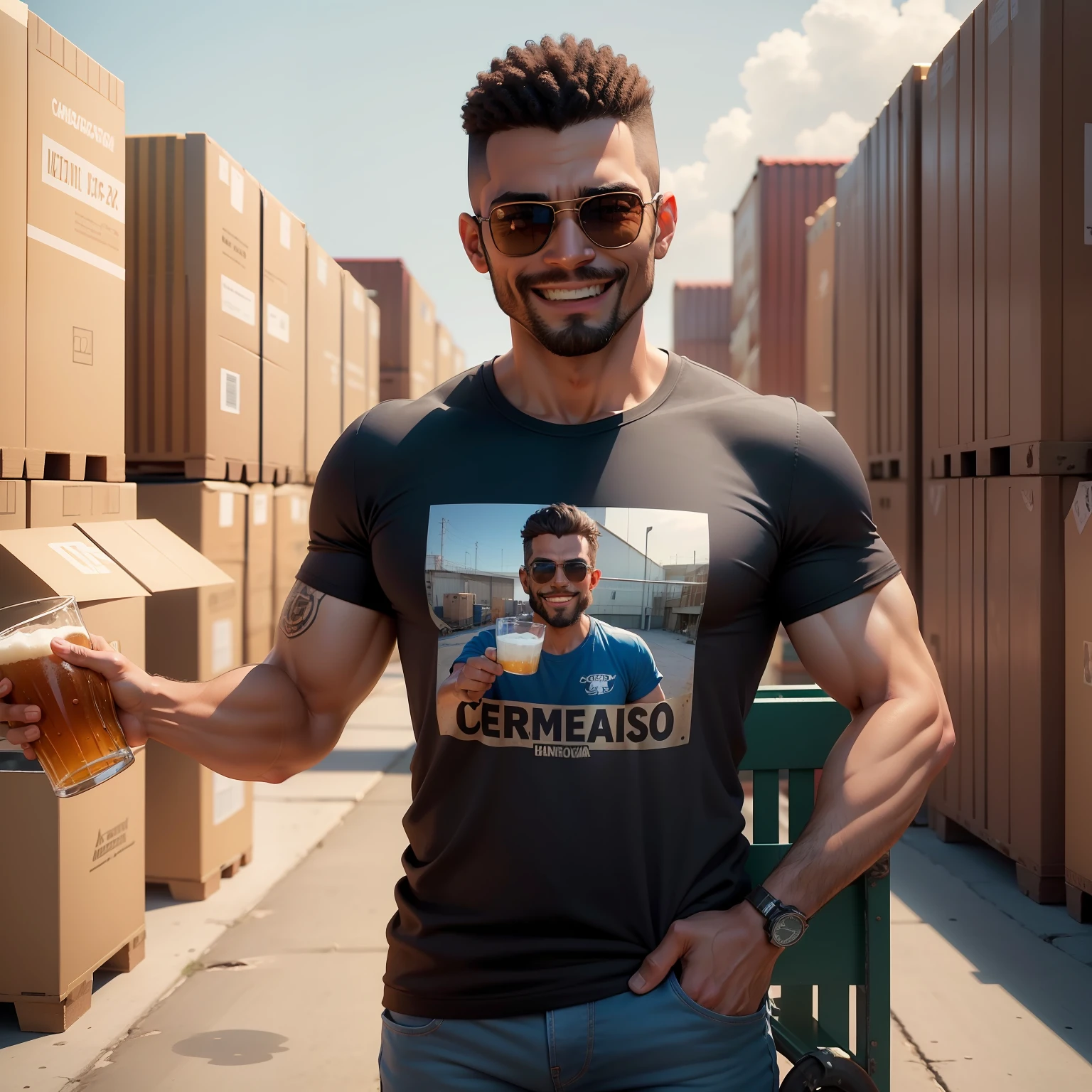 Crie a imagem vetor de um Homem jovem bebendo cerveja na caneca, careca, musculoso ,of sunglasses, de camiseta preta, Smiling realistic in 3d cartoon drinking beer pushing a cart warehouse shipping logistics
