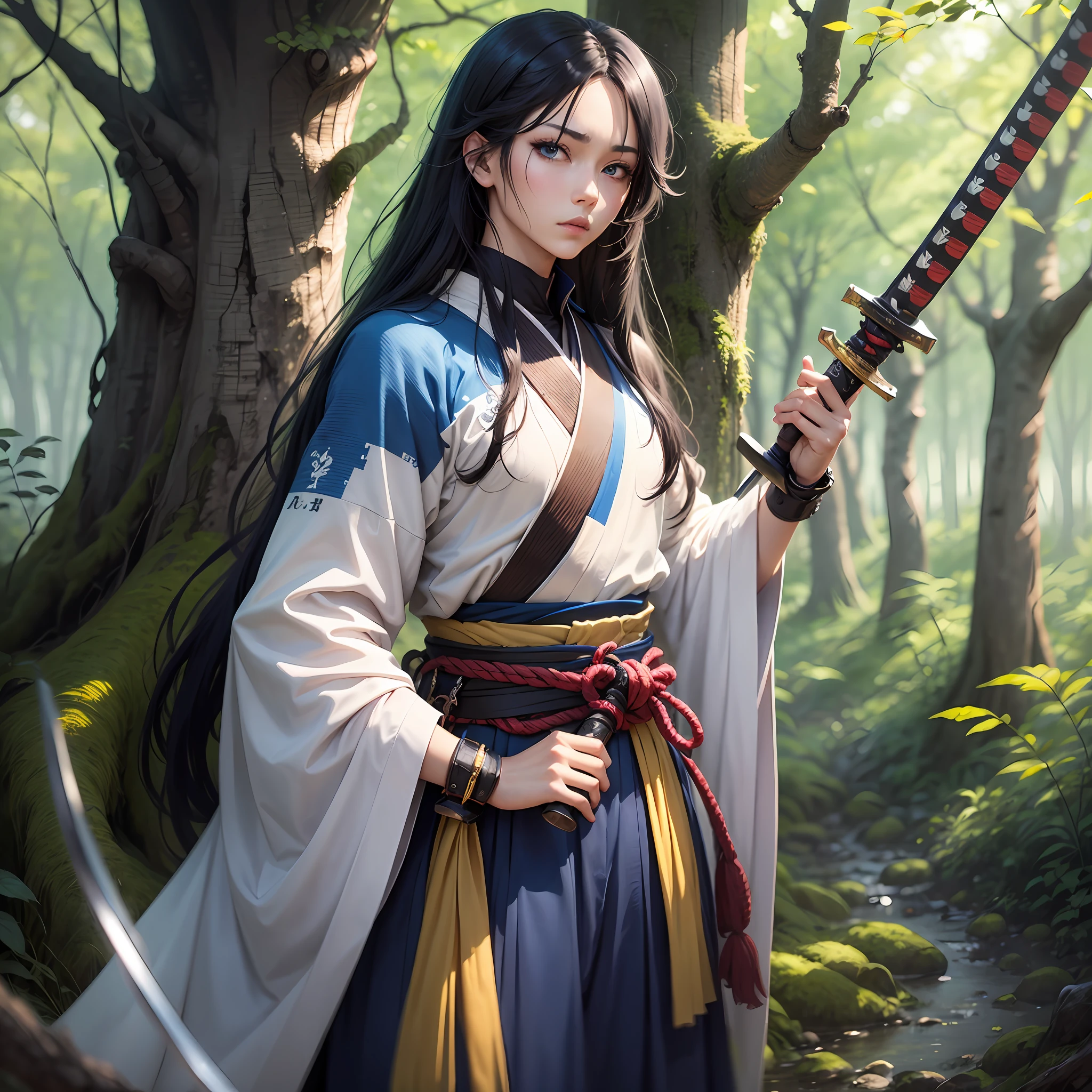 anime character standing in the forest facing the camera have a long black hair big blue eyes wearing samurai kemono and have 2 katana in his waist , high quality, 4k --auto --s2