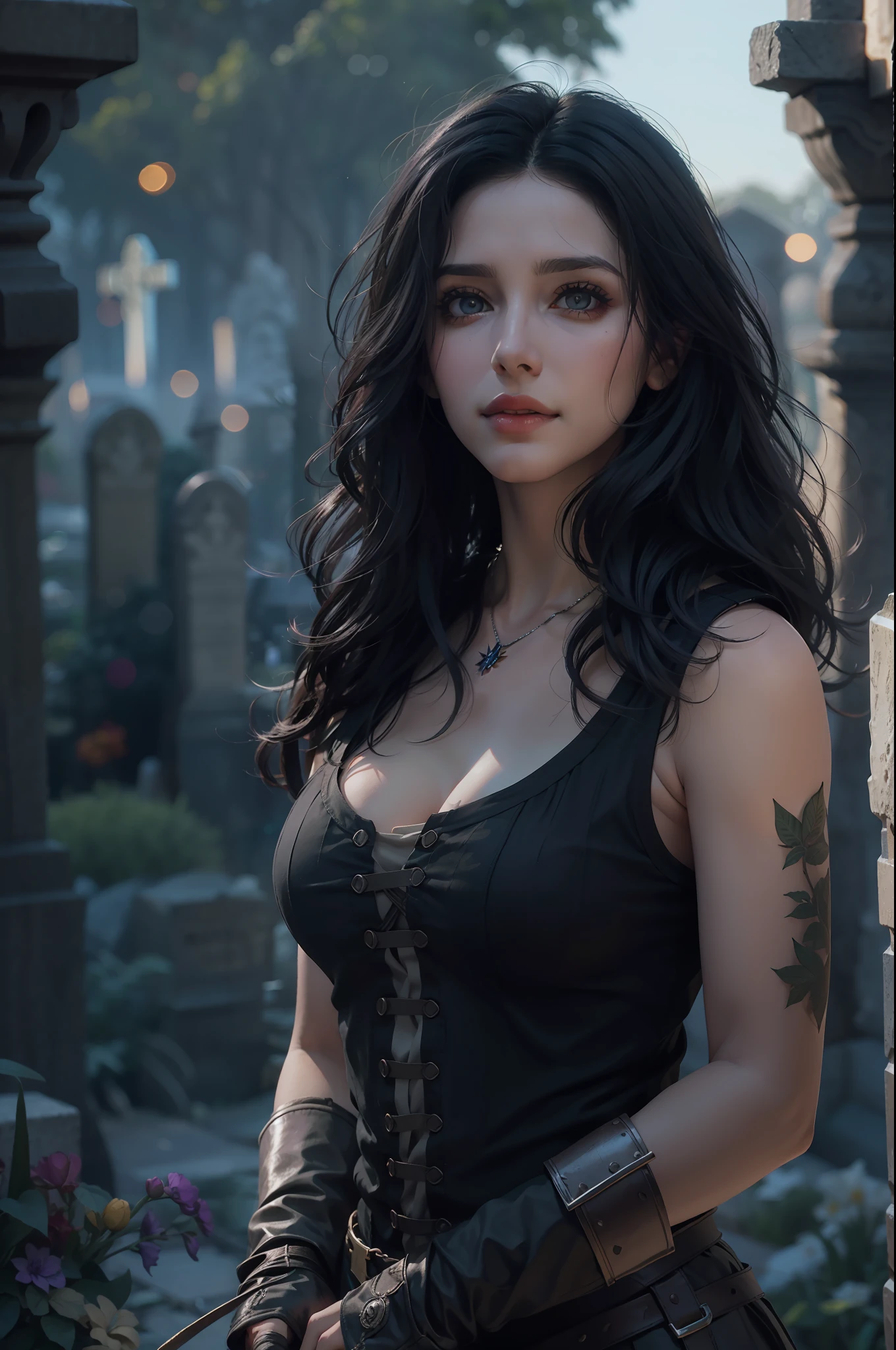 Mulher bonita que lembra Yennefer de The Witcher com longos cabelos pretos e olhos violetas brilhantes, obra prima, ultra qualidade, 8k, cabelos caindo sobre seus ombros, in the background a cemetery, She's wearing a tank top.