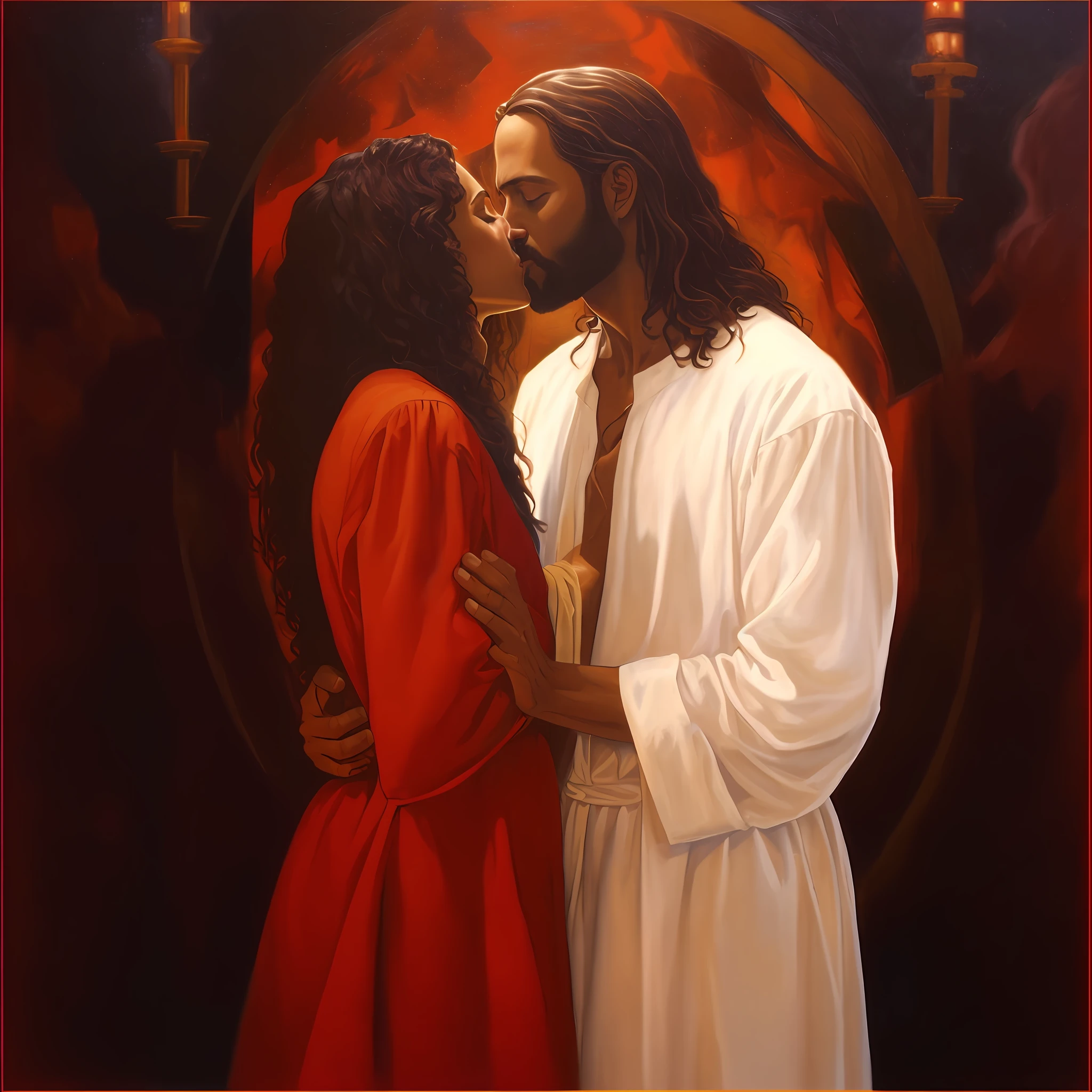 painting of jesus kissing a woman in front of a red background, jesus hugging a woman and taking off her clothes, seduction, sexy, by Thomas Blackshear, jesus kissing a Mary Maddalene, Jesus, inspired by Thomas Blackshear, by Scott Gustafson, the kiss, kiss, by Juan O'Gorman, by Jennifer Bartlett, greg olsen, by Tim and Greg Hildebrandt