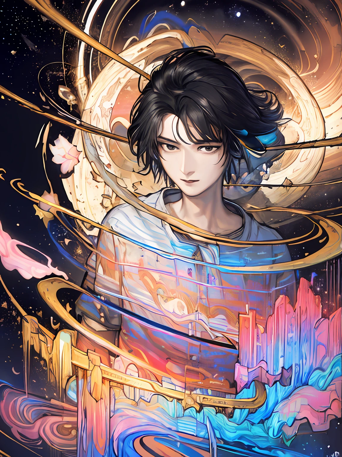 (highres:1.5), highly detailed, (solo:1.5),(masterpiece:1.5),(best quality:1.5), Amazing, extremely detailed wallpaper, an extremely delicate and beautiful, 1 boy, handsome, ((high resolution illustration)), Chinese, sacred, {master}, (short hair, floating hair), (black hair, dark hair), (game cg), (((Clear face))),((Clear eyes)), visible through hair,((black eyes, round eyes)), bangs, (watercolor:0.7), (bright stars, the universe, cosmos, star surround character, outer space, Saturn ring:1.5), tyndall effect, a slight light, raytracing,