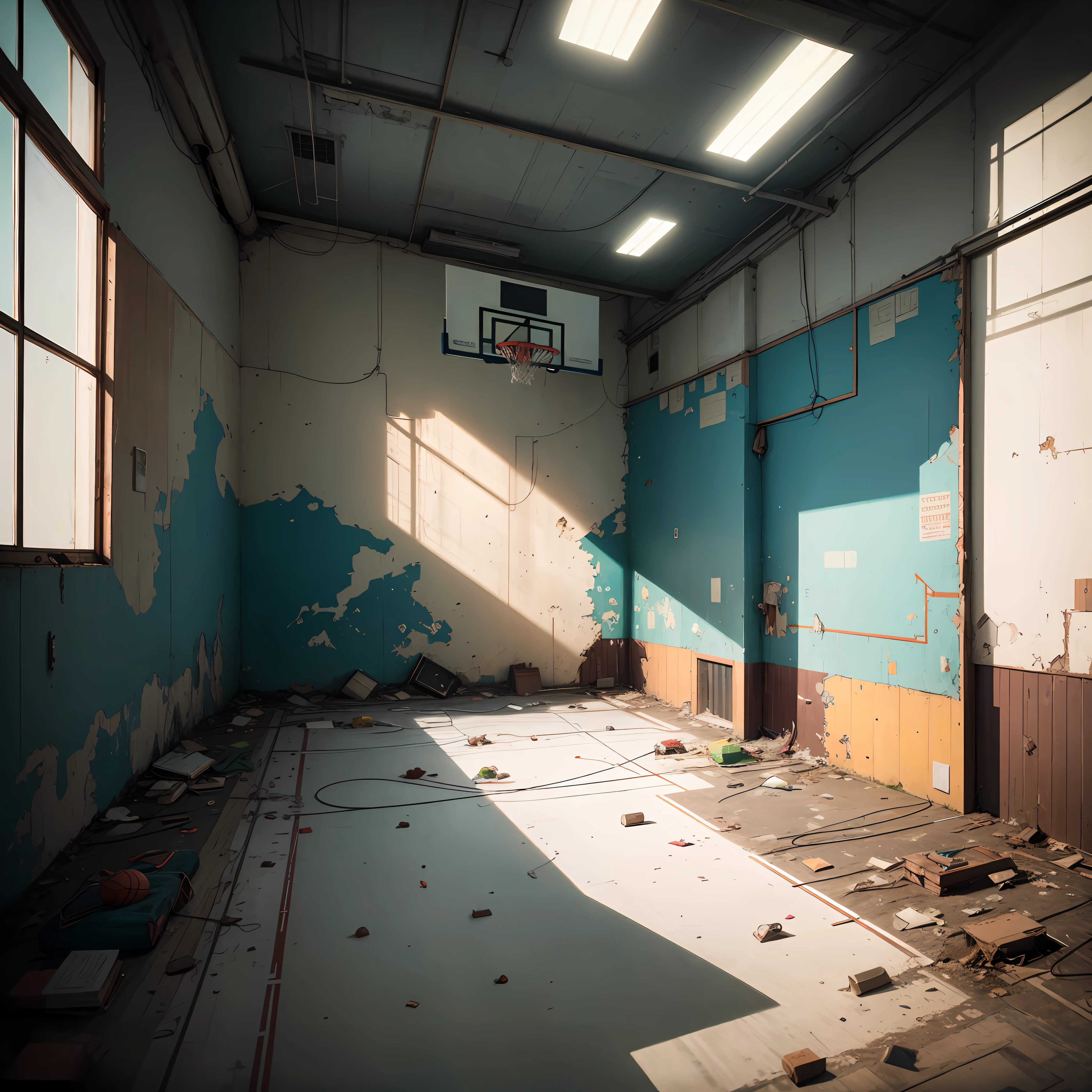 The inside of an abandoned basketball court, in the style of dan matutina, rudy siswanto, sovietwave, birds - eye - view, progressive academia, chaotic academia, traditional
