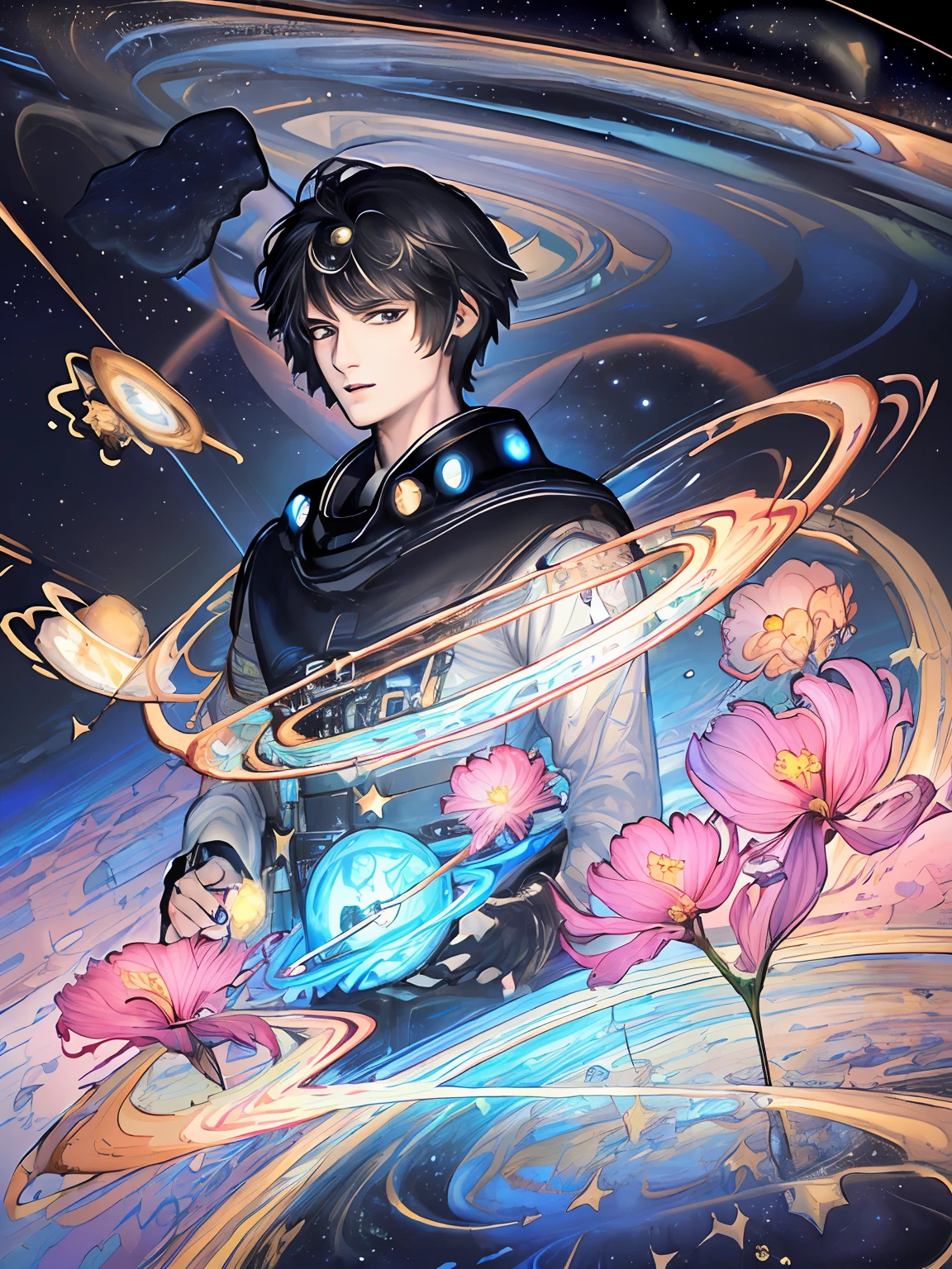 (highres:1.5), highly detailed, (solo:1.5),(masterpiece:1.5),(best quality:1.5), Amazing, extremely detailed wallpaper, an extremely delicate and beautiful, 1 boy, handsome, ((high resolution illustration)), Chinese, sacred, {master}, (short hair, floating hair), (black hair, dark hair), (game cg), (((Clear face))),((Clear eyes)), visible through hair,((black eyes, round eyes)), bangs, (watercolor:0.7), (bright stars, the universe, cosmos, star surround character, outer space, Saturn ring:1.5), tyndall effect, a slight light, raytracing,