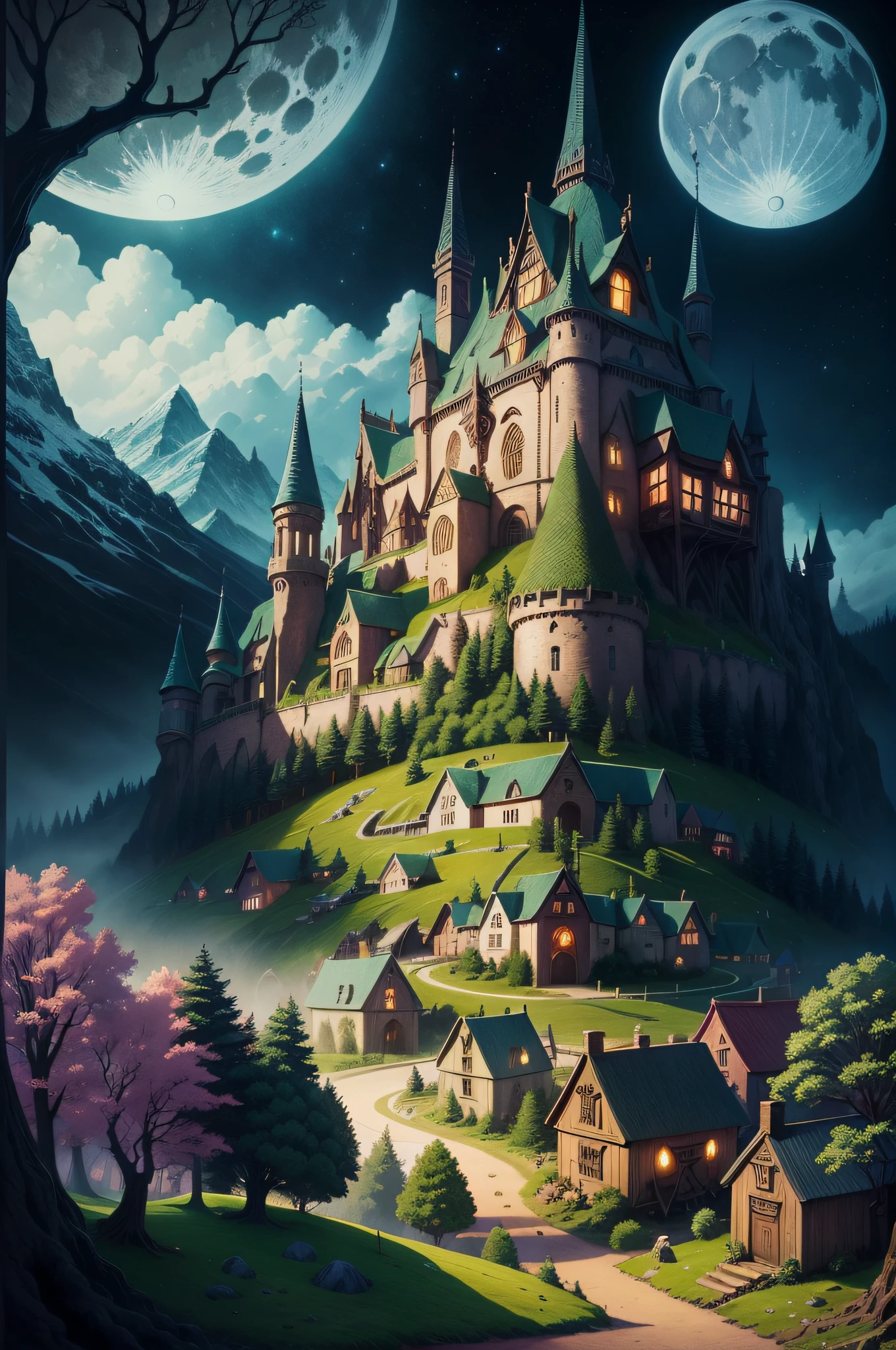 a colorful Hobbit village fantasy scene showing an unusual scene with trees and the moon, in the style of intricate psychedelic landscapes, poster art, gothic grandeur, i can't believe how beautiful this is, grandeur of scale, adventure themed, colorful