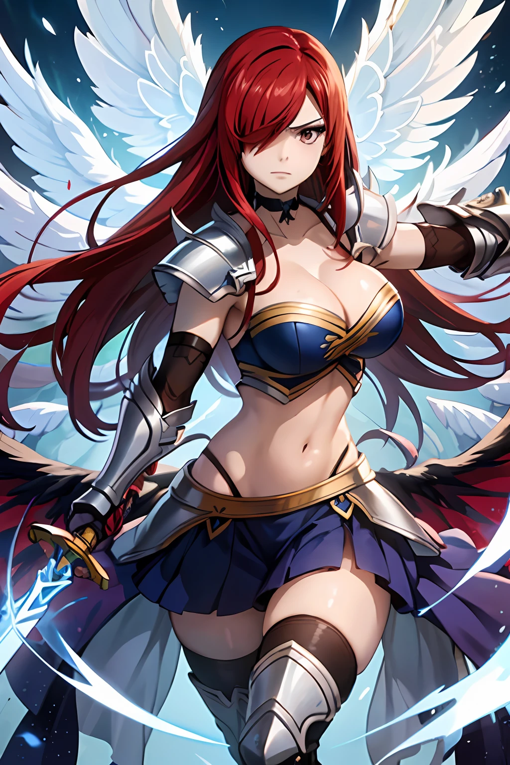 1girl, solo, erza scarlet, fairy tail, red hair, brown eyes, breasts, weapon, navel, sword, holding, long hair, armor, cleavage, hair over one eye, dual wielding, wings, large breasts, midriff, choker, looking at viewer, gauntlets, holding weapon, holding sword,full body