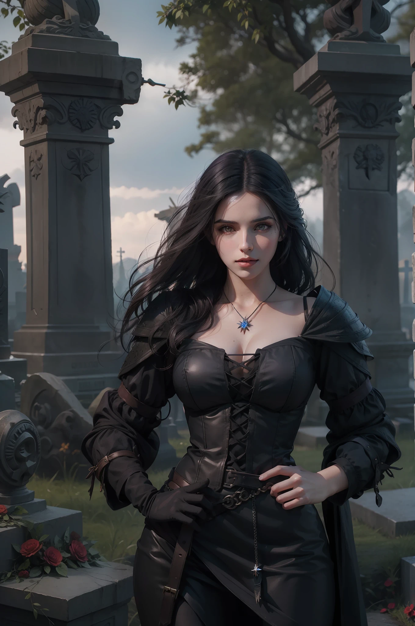 Mulher bonita que lembra Yennefer de The Witcher com longos cabelos pretos e olhos violetas brilhantes, obra prima, ultra qualidade, 8k, cabelos caindo sobre seus ombros, in the background a cemetery, She's wearing a tank top.