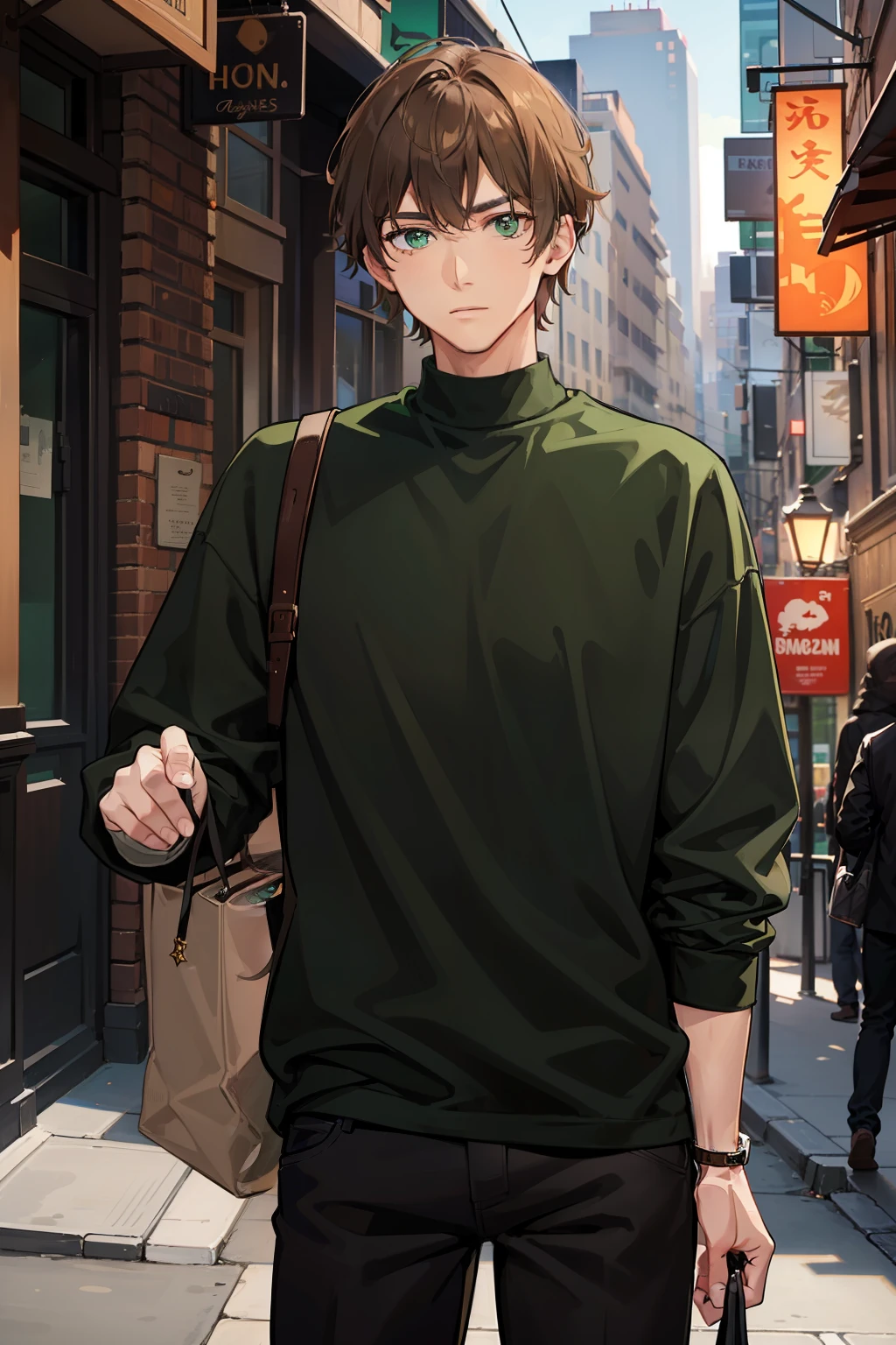 A man with light-brown hair and emerald green eyes, wearing a casual black outfit.