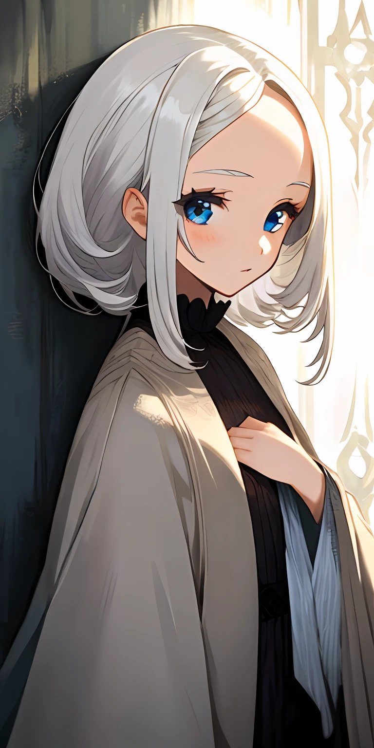 girl with white hair with parted bangs and blue eyes