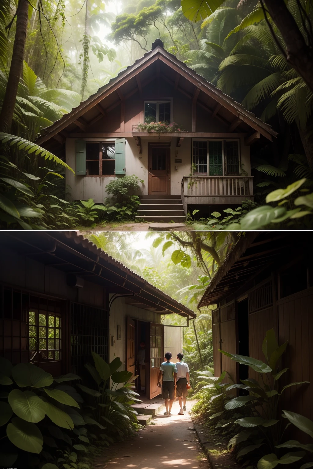 One day, while exploring the forest, Joãozinho and Bolinha found a small abandoned house, almost hidden among lush vegetation. Intrigued, they decided to investigate. As they approached, they noticed that the house looked magical, with a roof of bright colors and windows adorned with beautiful flowers.