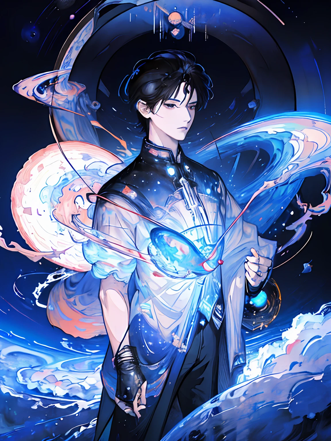 (highres:1.5), highly detailed, (solo:1.5),(masterpiece:1.5),(best quality:1.5), Amazing, extremely detailed wallpaper, an extremely delicate and beautiful, 1 boy, handsome, ((high resolution illustration)), Chinese, sacred, {master}, (short hair, floating hair), (black hair, dark hair), (game cg), (((Clear face))),((Clear eyes)), visible through hair,((black eyes, round eyes)), bangs, (watercolor:0.7), (bright stars, the universe, cosmos, star surround character, outer space, Saturn ring:1.5), tyndall effect, a slight light, raytracing,