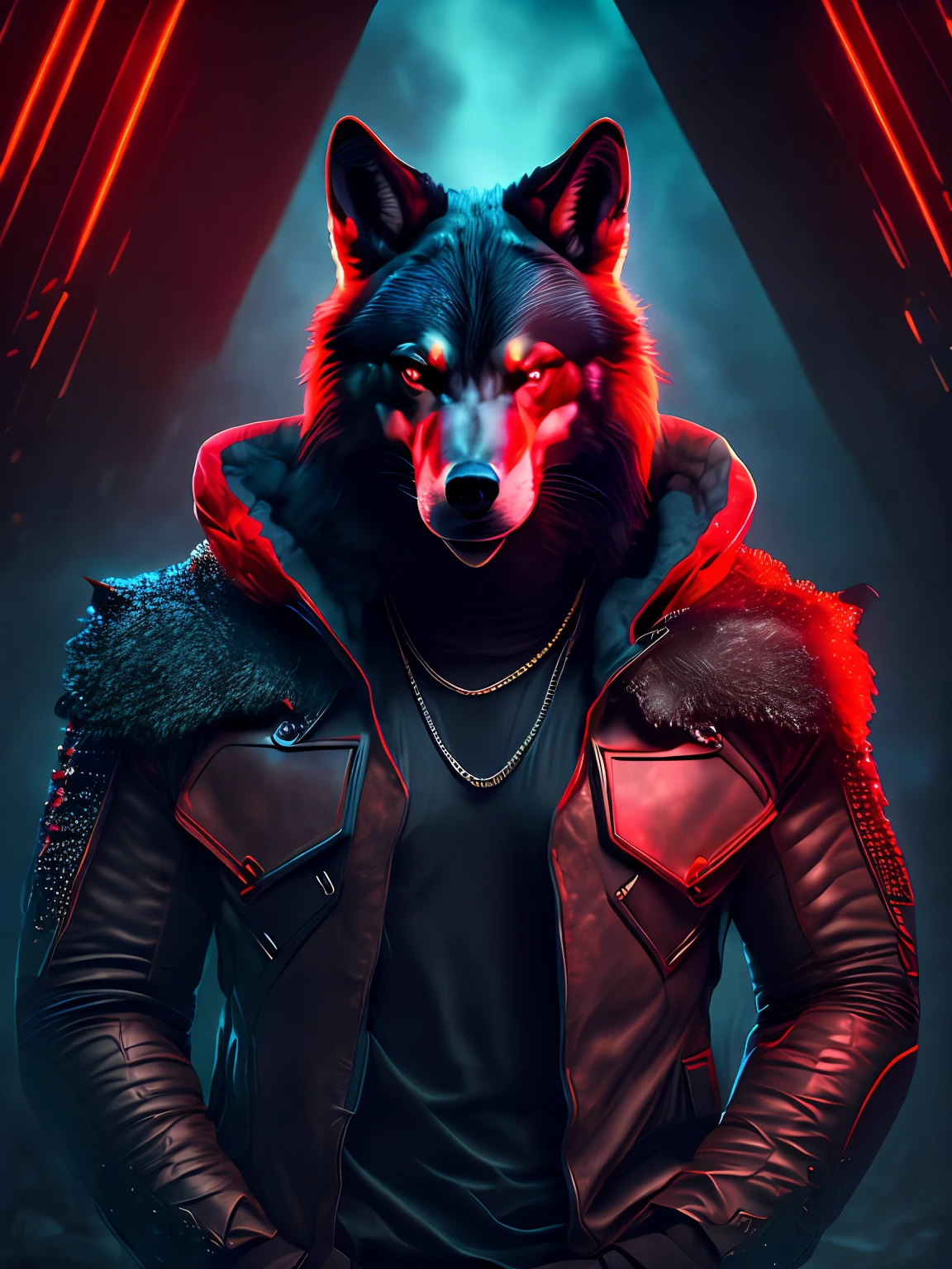 Retrato sombrio de um lobo com roupa escura de capuz, interior da roupa escura estilo hacker, olhos vermelhos iguais um tochas pegando fogo, fundo escuro, Cyberpunk, Foto premiada, Bokeh, neon lights, imagem da cintura para cima, corpo do lobo musculoso de jaqueta com capuz de couro de frente para foto