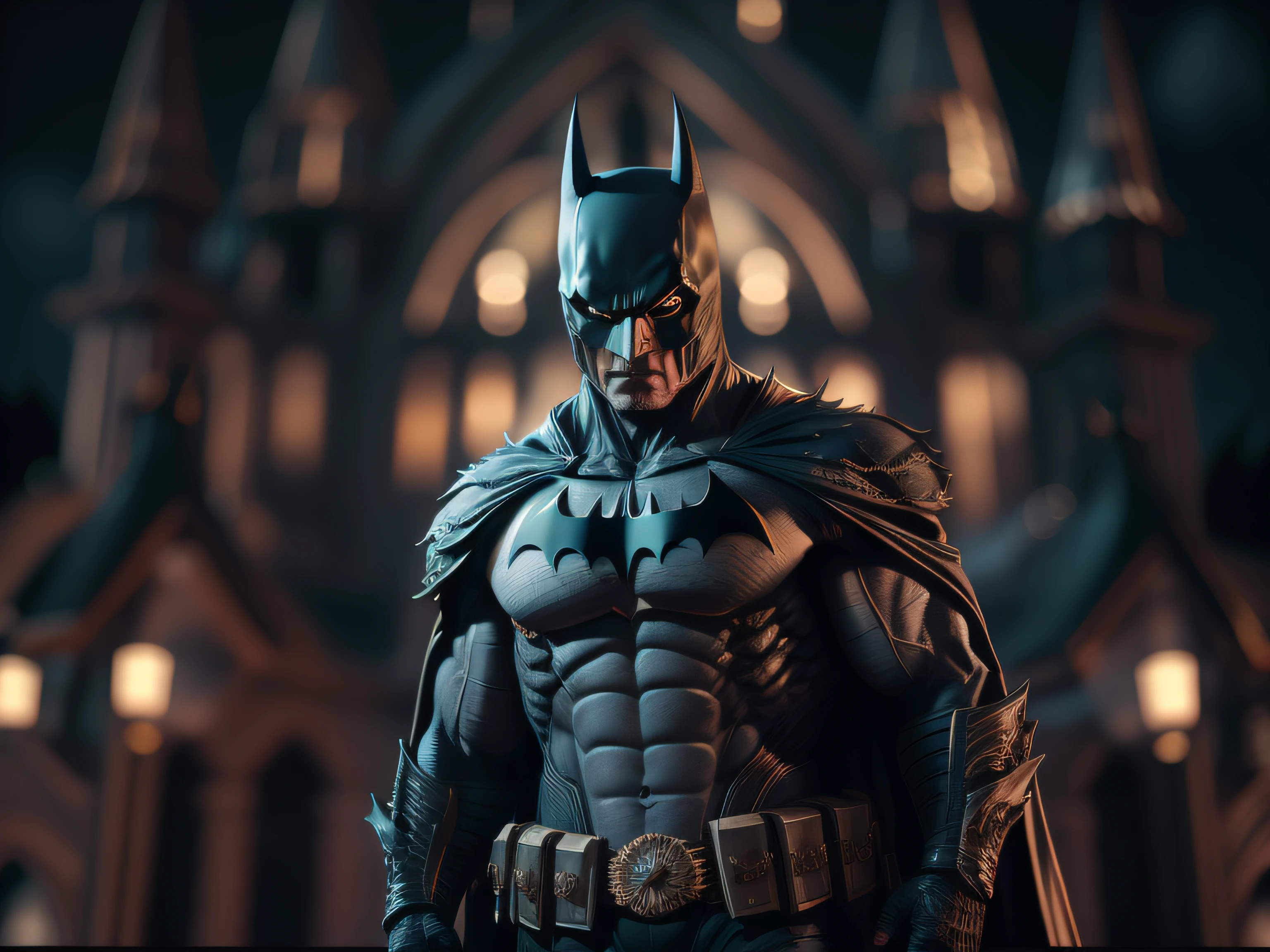 Closeup on the powerful and menacing depiction of a Batman on a full moon night atop a Gothic cathedral, 8k, 3D-rendering, maia, ray-traced, Bokeh, flare on camera, depht de campo, NVIDIA, RTX 4090 |, obra-prima, altamente datado, hiperrealista ao extremo, canon EOS,