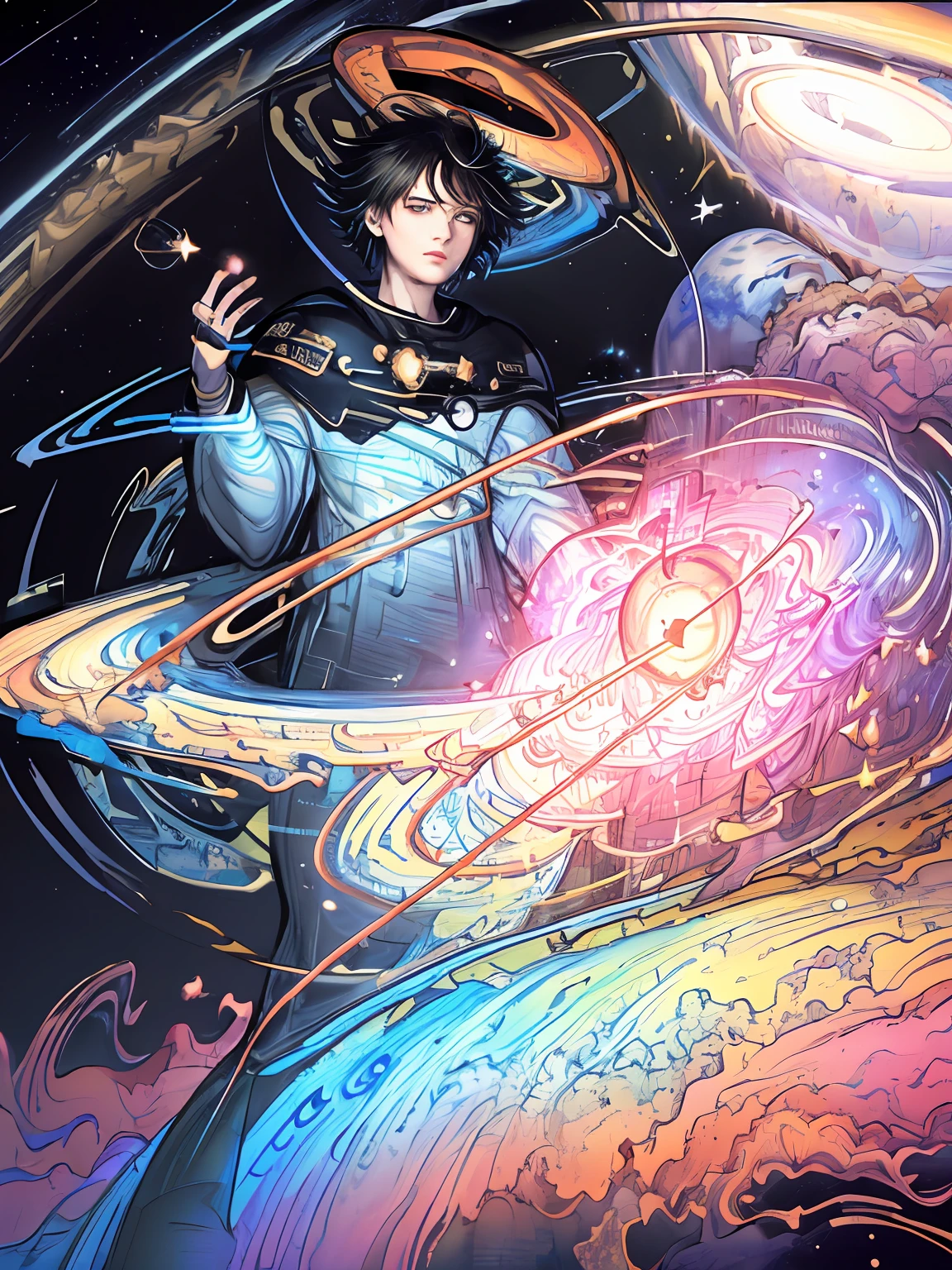 (highres:1.5), highly detailed, (solo:1.5),(masterpiece:1.5),(best quality:1.5), Amazing, extremely detailed wallpaper, an extremely delicate and beautiful, 1 boy, handsome, ((high resolution illustration)), Chinese, sacred, {master}, (short hair, floating hair), (black hair, dark hair), (game cg), (((Clear face))),((Clear eyes)), visible through hair,((black eyes, round eyes)), bangs, (watercolor:0.7), (bright stars, the universe, cosmos, star surround character, outer space, Saturn ring:1.5), tyndall effect, a slight light, raytracing,