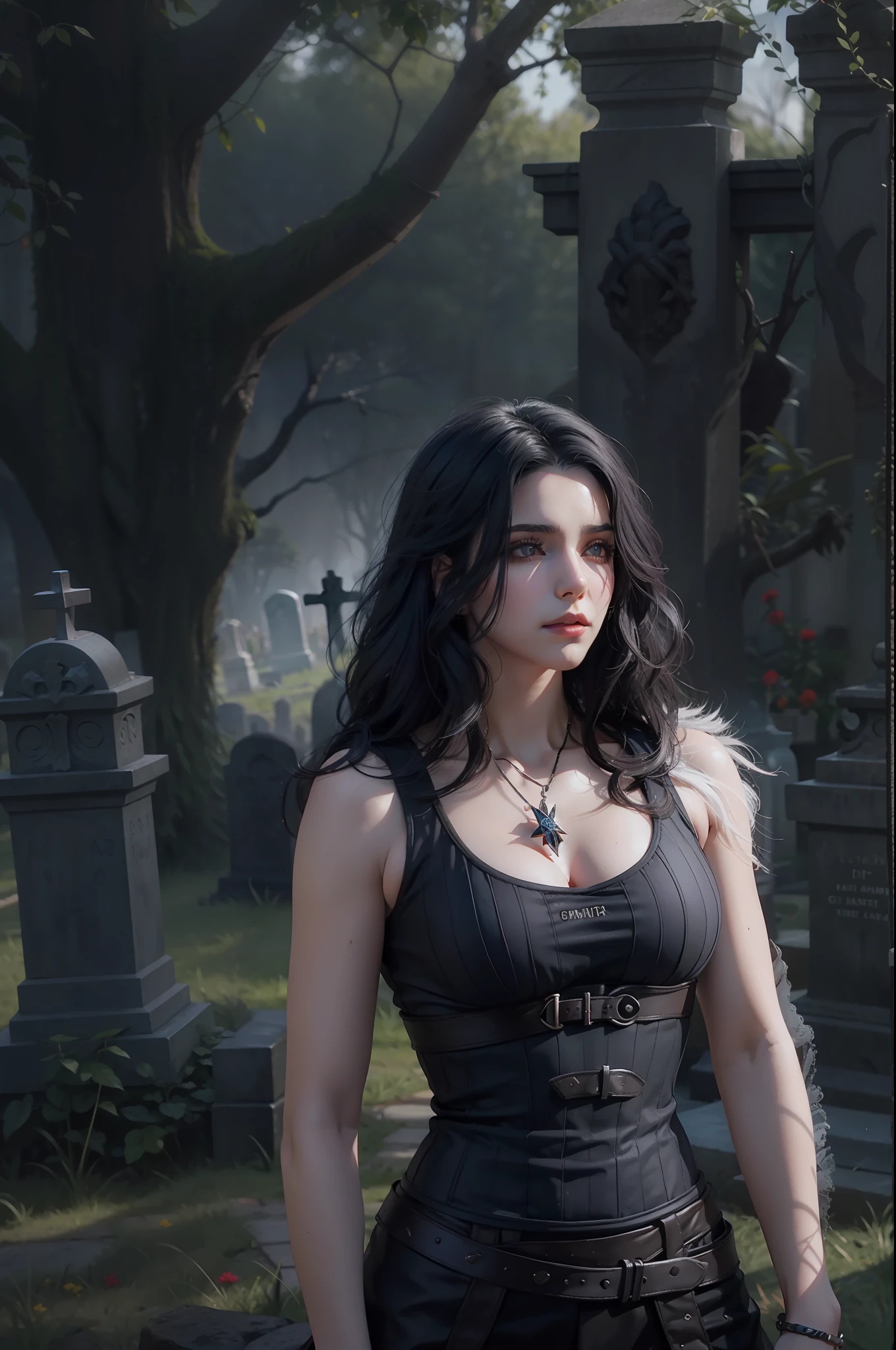 Mulher bonita que lembra Yennefer de The Witcher com longos cabelos pretos e olhos violetas brilhantes, obra prima, ultra qualidade, 8k, cabelos caindo sobre seus ombros, in the background a cemetery, She's wearing a tank top.
