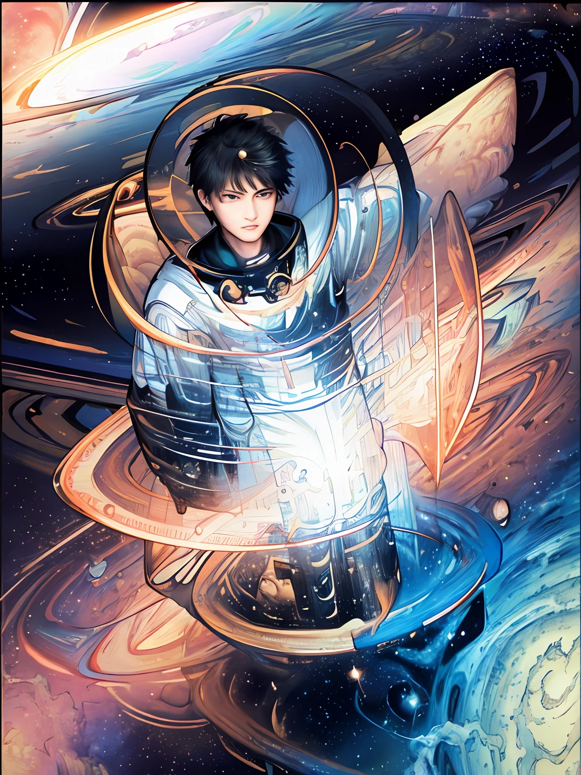 (highres:1.5), highly detailed, (solo:1.5),(masterpiece:1.5),(best quality:1.5), Amazing, extremely detailed wallpaper, an extremely delicate and beautiful, 1 boy, handsome, ((high resolution illustration)), Chinese, sacred, {master}, (short hair, floating hair), (black hair, dark hair), (game cg), (((Clear face))),((Clear eyes)), visible through hair,((black eyes, round eyes)), bangs, (watercolor:0.7), (bright stars, the universe, cosmos, star surround character, outer space, Saturn ring:1.5), tyndall effect, a slight light, raytracing,