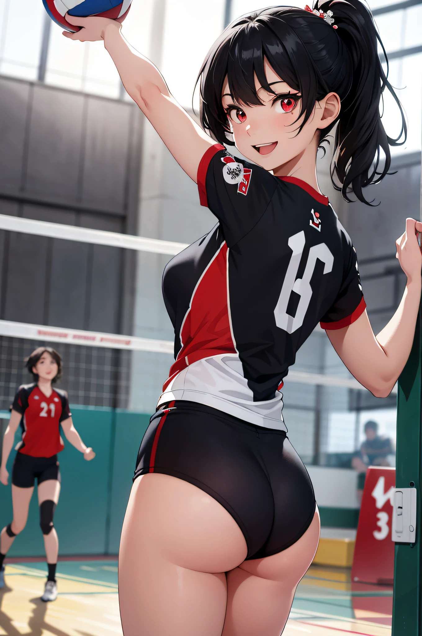 (top-quality、in 8K、32K、​masterpiece、UHD、超A high resolution、Impresionismo、Photorealsitic:1.2)、from behind、Looking back、Full body, Inside the gymnasium、Volleyball Court、beauitful face、blurry backround、-yeld beiful girl、shinny skin、bob cuts、Beautiful black hair、Red Eyes、Floral hair ornament、Volleyball Uniforms、raise arms、Smile with open mouth、Curve、buttock、