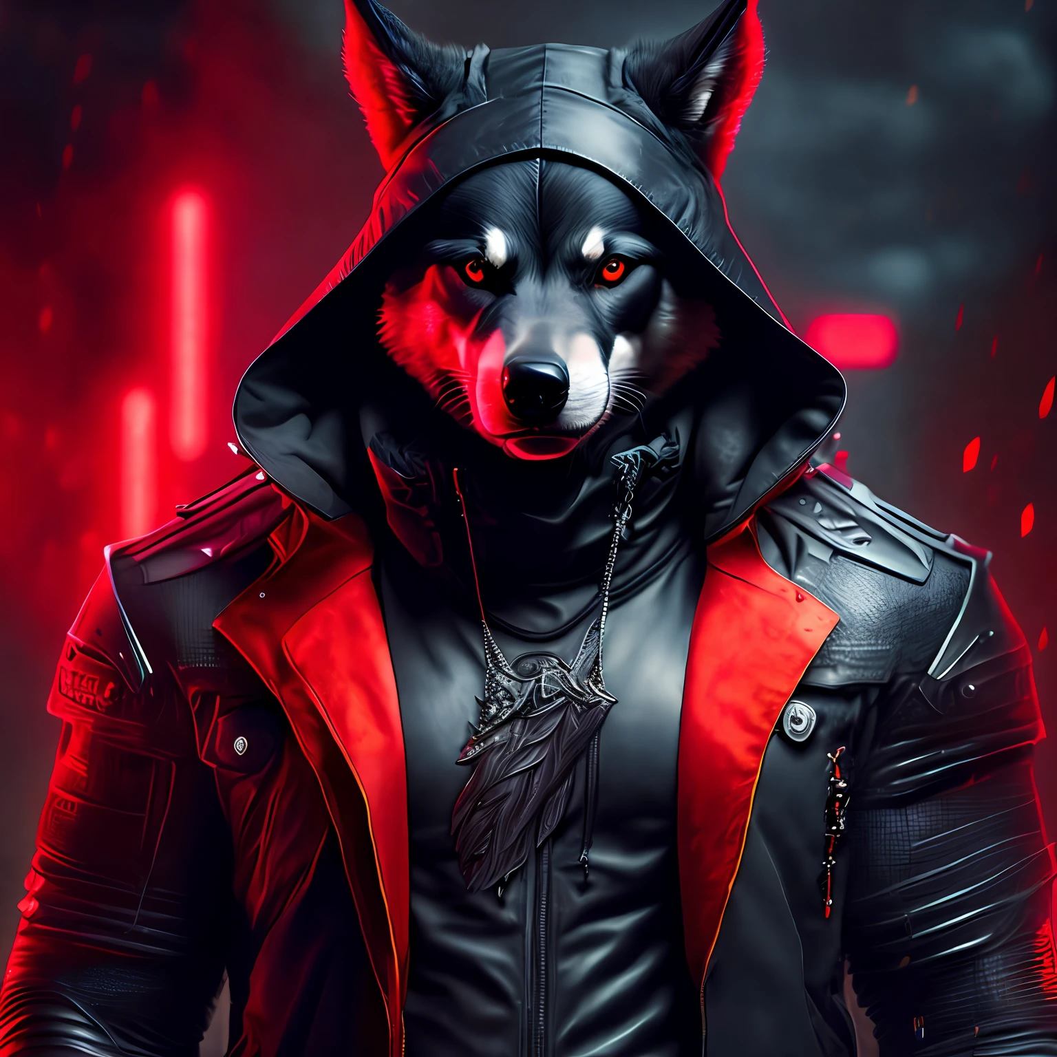 Retrato sombrio de um lobo com roupa escura de capuz, interior da roupa escura estilo hacker, olhos vermelhos iguais um tochas pegando fogo, fundo escuro, Cyberpunk, Foto premiada, Bokeh, neon lights, imagem da cintura para cima, corpo do lobo musculoso de jaqueta com capuz de couro de frente para foto usando o capuz