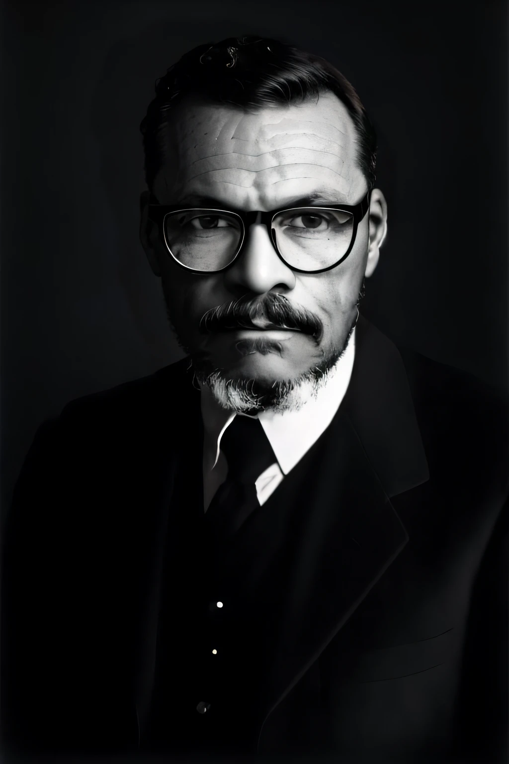 B&W photo, Homem com BarBa e Bigode de terno, usando oculos, Retrato promocional, in Yousuf Karsh, Estilo Taras Shevchenko, Elegant portrait, inscribed in Wladyslaw Strzeminski, inspired by Paweł Kluza,