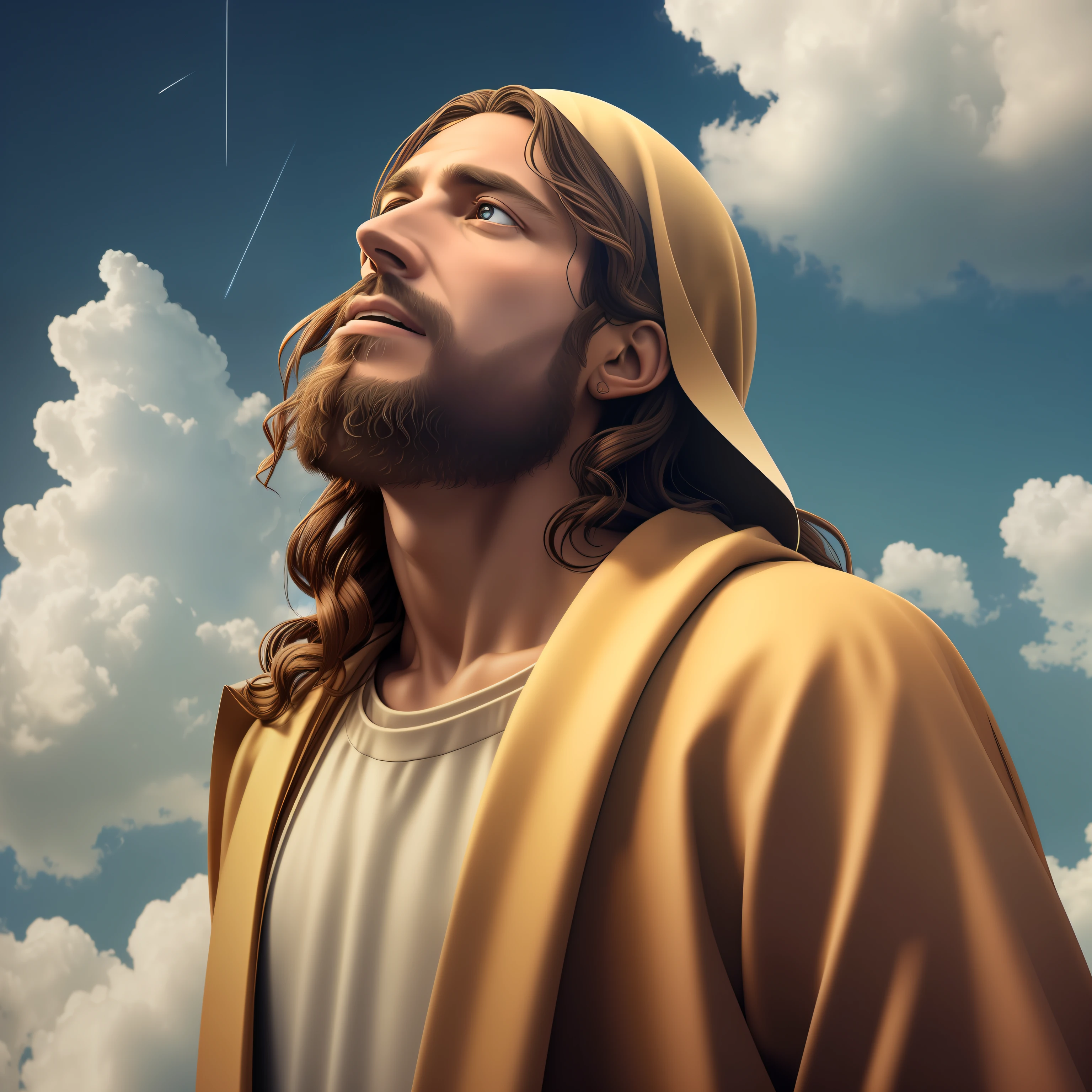 Award-winning realistic photo of Jesus Christ (looking up at the sky:1.3), expression conveying a sense of satisfaction and victory, hyper detailed 4k