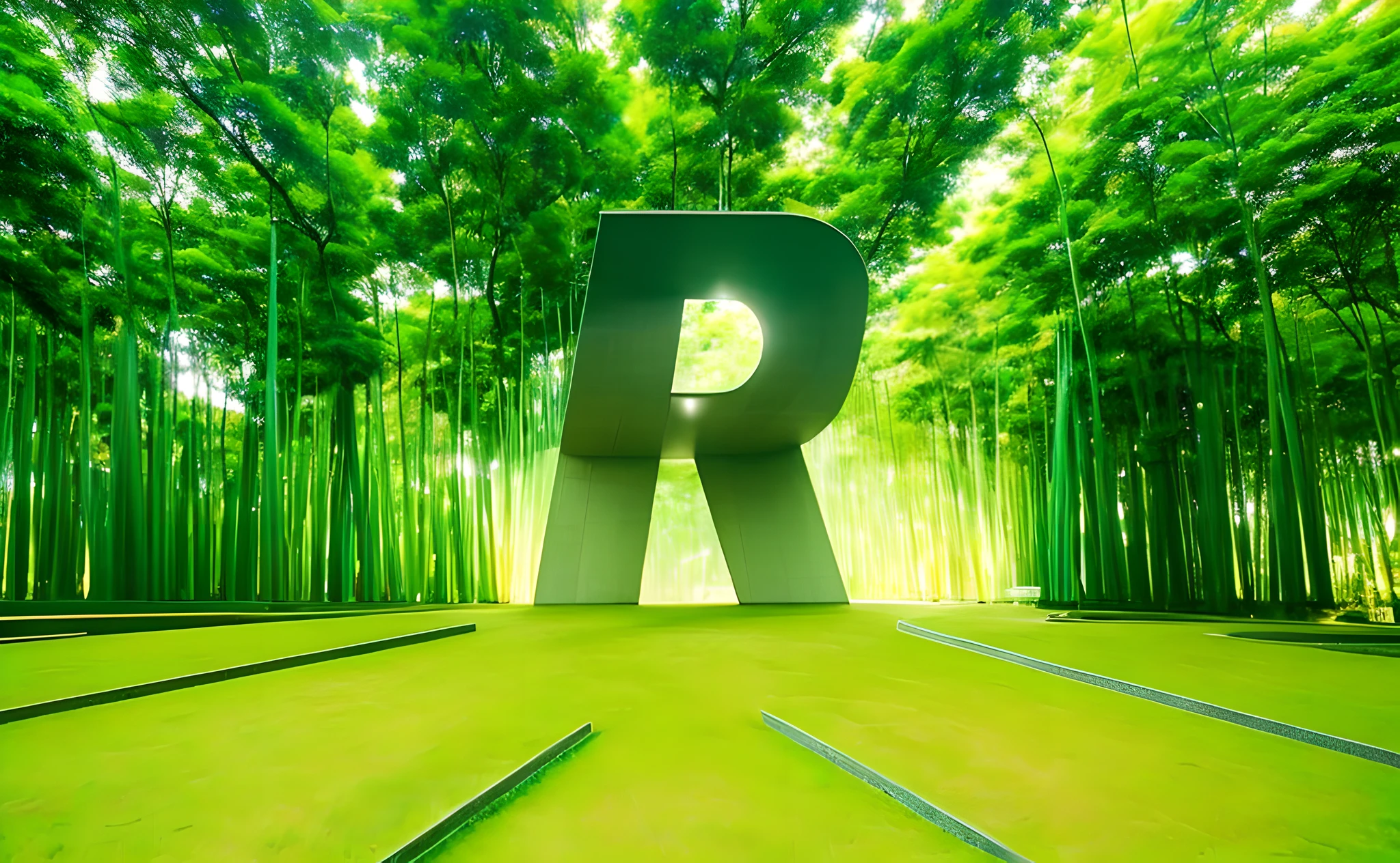 Um monumento moderno em formato da letra R, escultura moderna de tijolo, in a botanical garden, inspirado em oscar niemeyer, (imagem hiperrealista:1.2), in a futuristic setting of a city.
