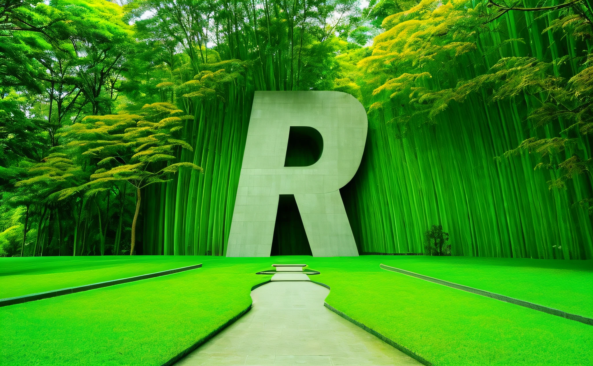 Um monumento moderno em formato da letra R, escultura moderna de tijolo, in a botanical garden, inspirado em oscar niemeyer, (imagem hiperrealista:1.2), in a futuristic setting of a city.
