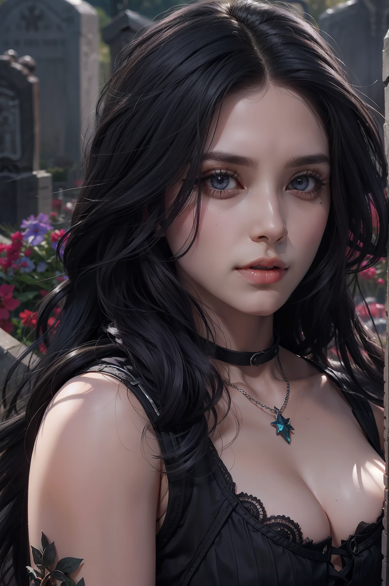 Mulher bonita que lembra Yennefer de The Witcher com longos cabelos pretos e olhos violetas brilhantes, obra prima, ultra qualidade, 8k, cabelos caindo sobre seus ombros, in the background a cemetery, She's wearing a tank top.