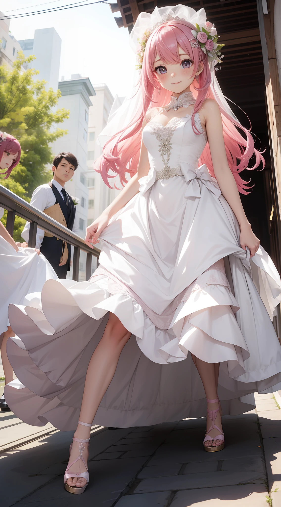Beautiful skins、beautiful foot、wedding dress、chies、Walking、、Pink hair