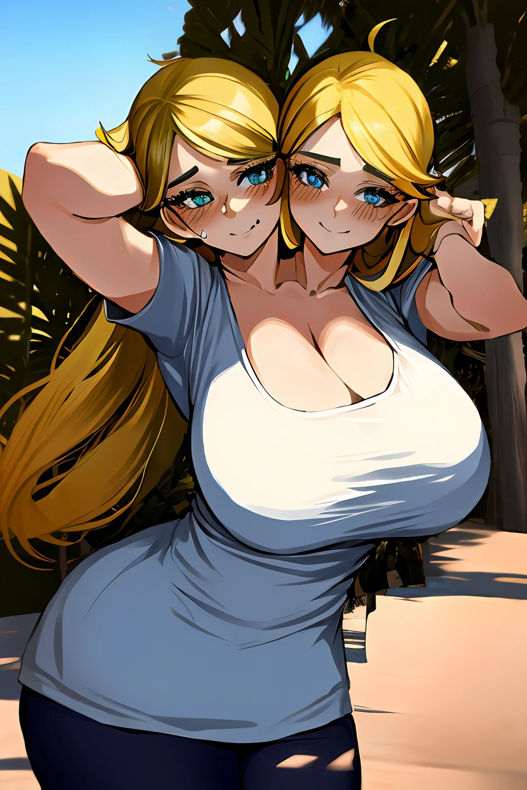 2heads, a short chubby woman with 2 heads. She has enormous breasts. She is inside a living room. She is wearing a tight colorful tank top and leggings. She has gigantic breasts. She has long blonde hair. She is sweating. She looks exhausted. She is smiling. She is blushing. She has enormous breasts. Her breasts are very circular and round.