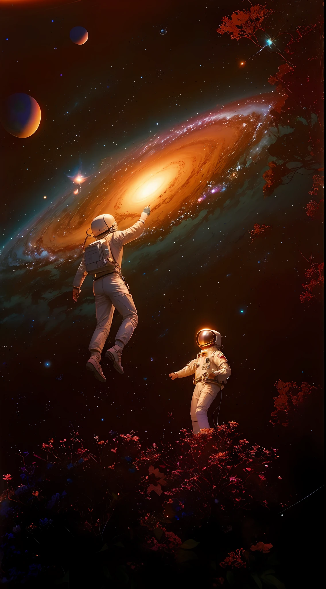 painting of two astronauts in outer space with a galaxy in the background, beeple and jean giraud, floating in the universe, beeple and tim hildebrandt, beeple and james jean, floating in outer space, floating in a cosmic nebula, floating in the cosmos nebula, floating in space, floating in deep space, floating through space